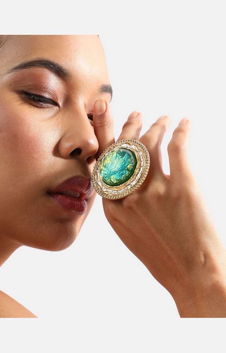 SOHI Gold-Plated Stone-Studded Reverie Opulence Statement Finger Ring