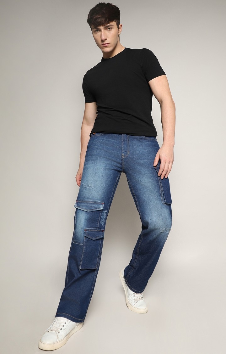 Men's Dark Blue Ripped Wide Leg Jeans