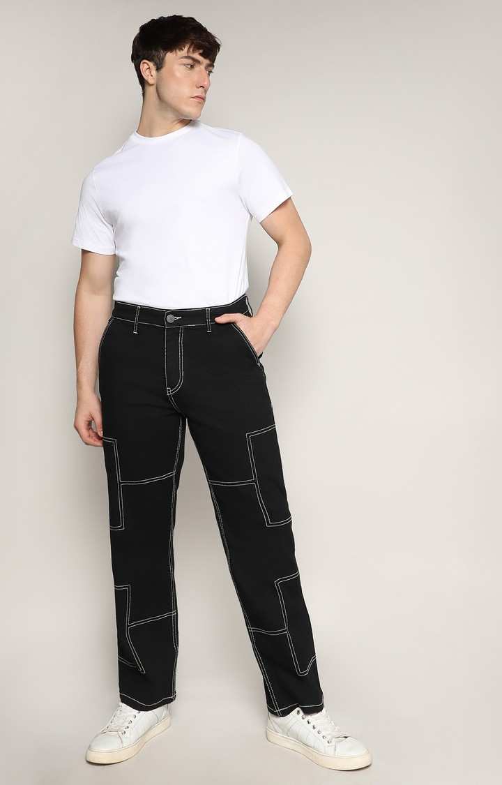 Men's Jet Black Solid Wide Leg Jeans