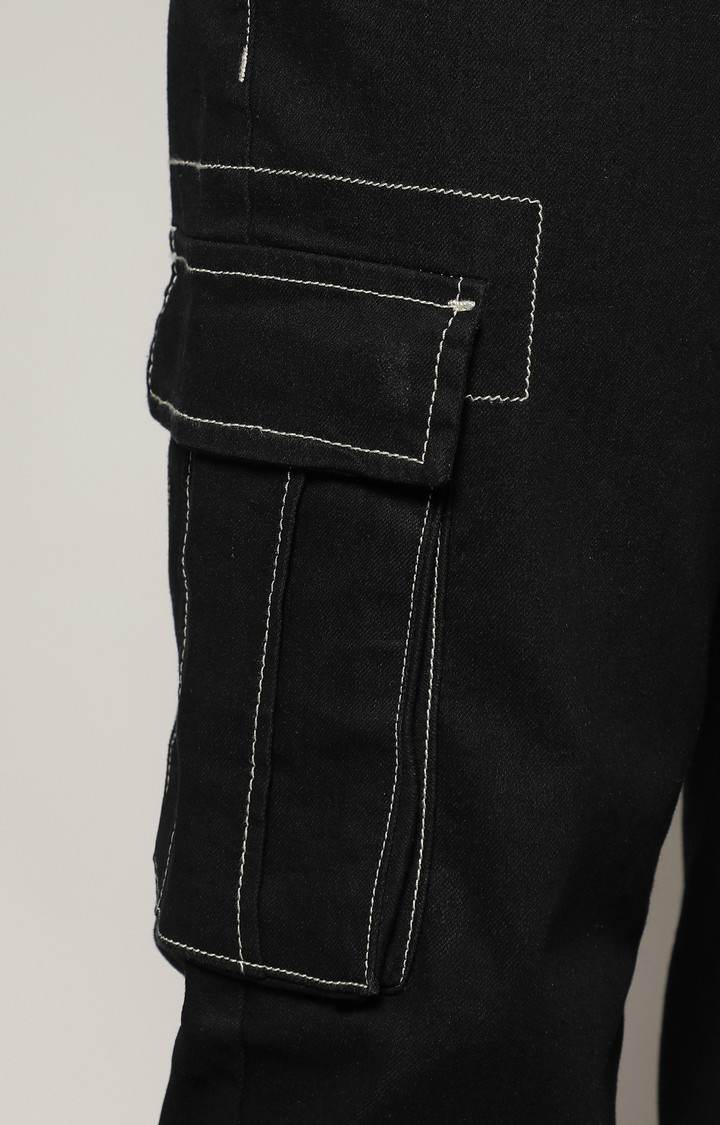 Men's Jet Black Solid Denim Cargos