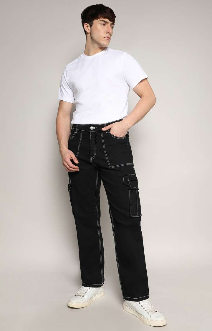 Men's Jet Black Solid Denim Cargos