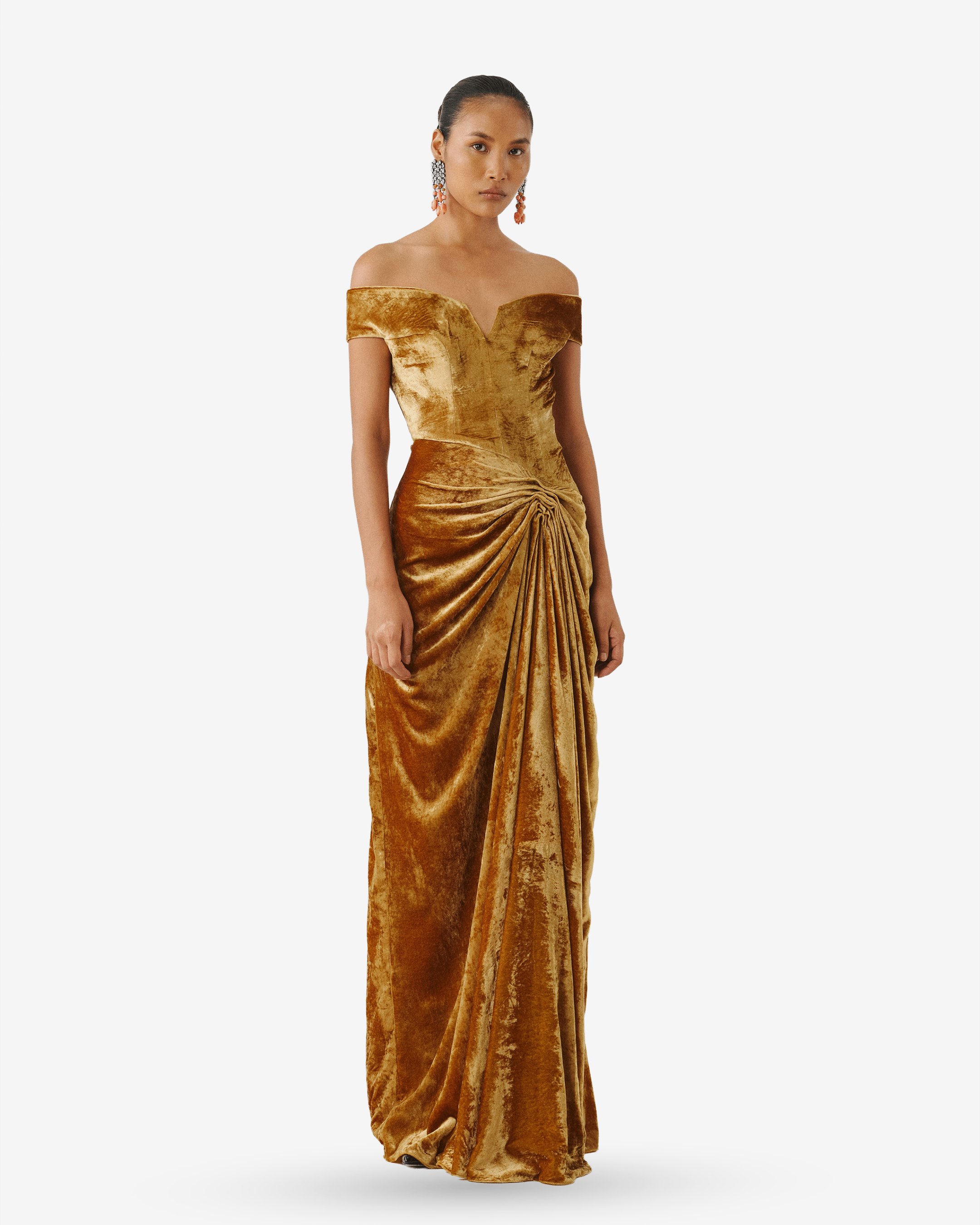 Molten Gold Off-Shoulder Gown