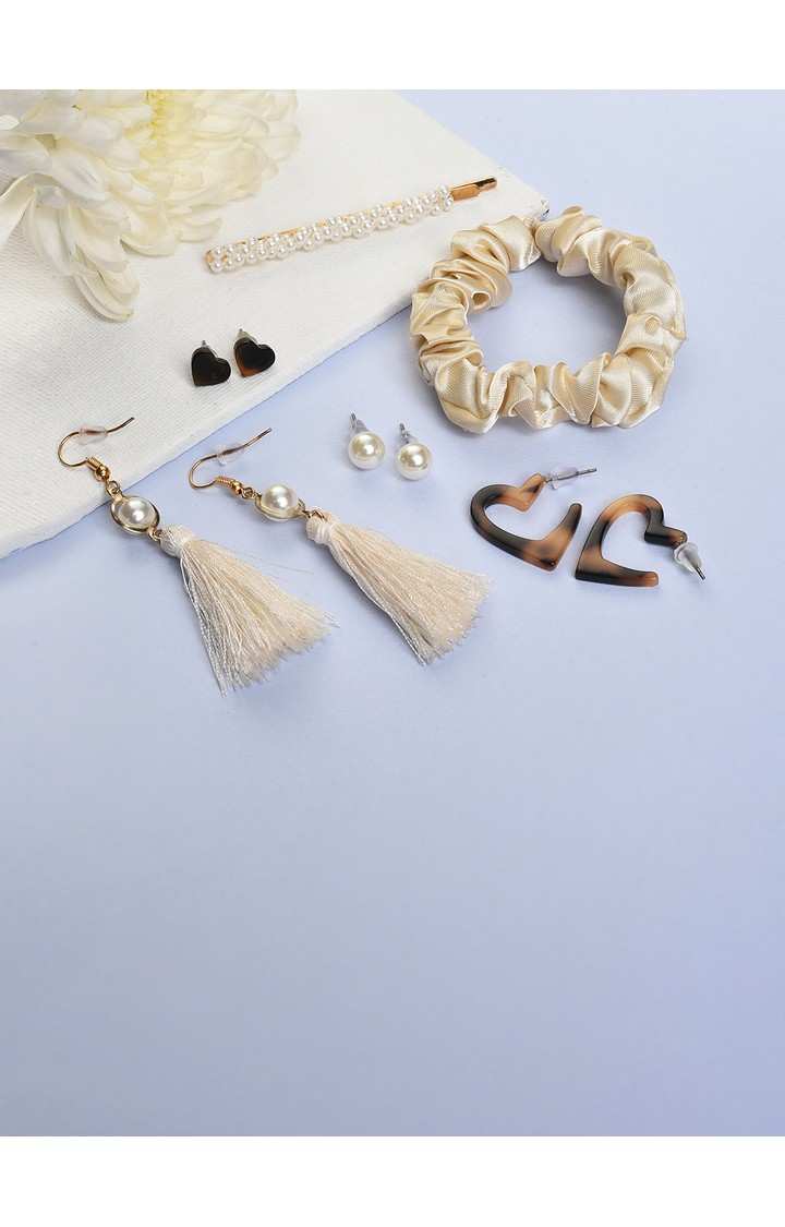 Women's White & Beige Set of 4 Pear Studded Earrings with Hair Clip Ponytail Holder