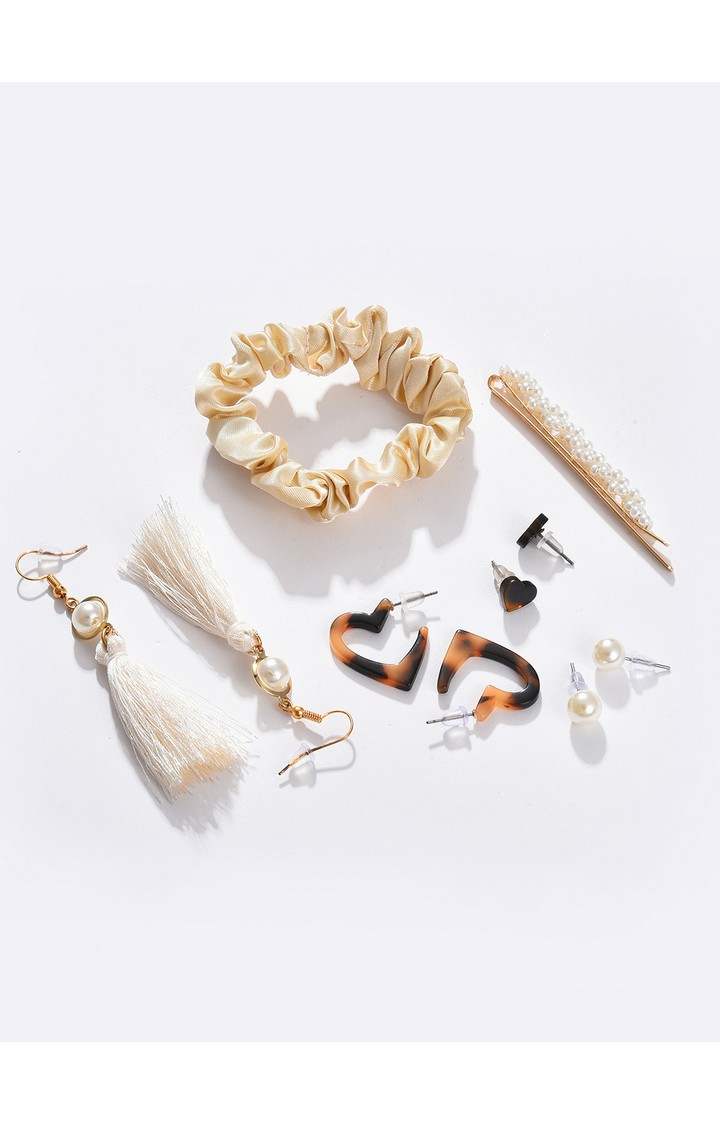 Women's White & Beige Set of 4 Pear Studded Earrings with Hair Clip Ponytail Holder