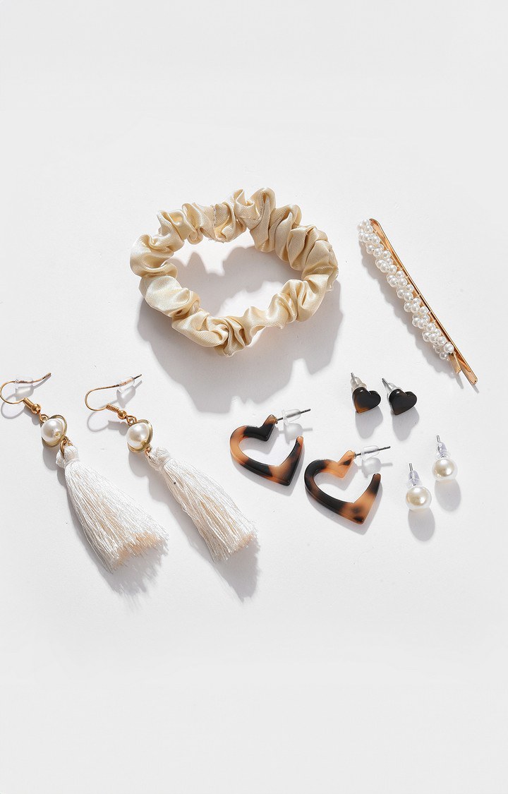 Women's White & Beige Set of 4 Pear Studded Earrings with Hair Clip Ponytail Holder