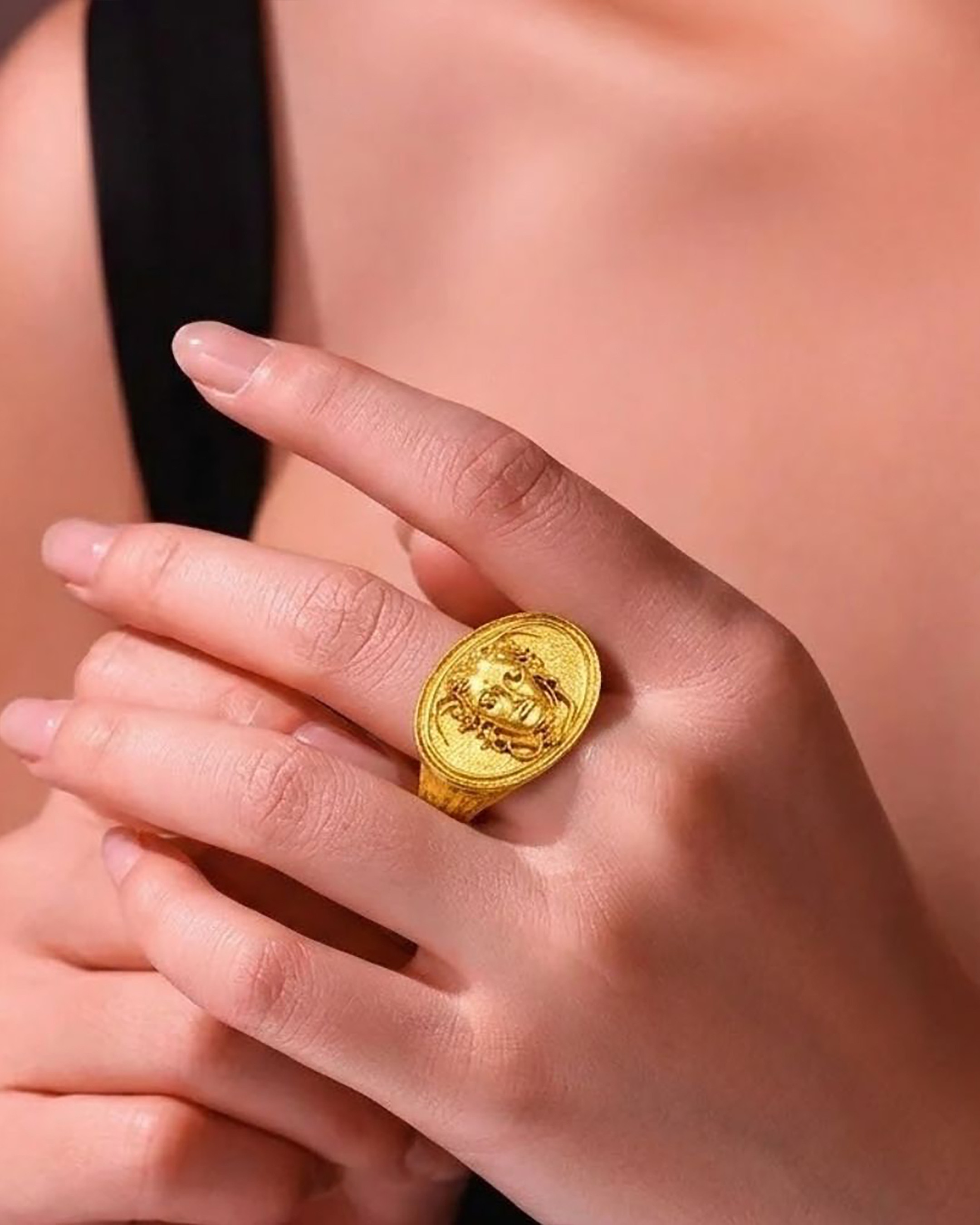 Gold Plated Face Medallion 92.5 Sterling Silver Ring