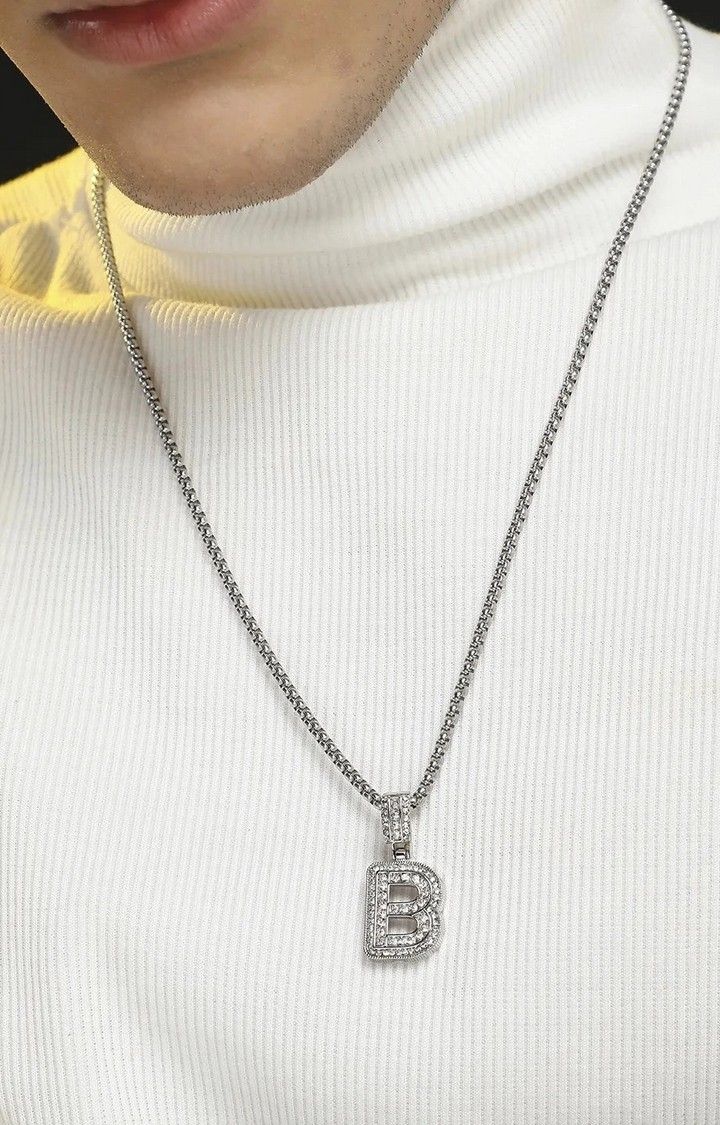 French Accent Men Silver-Plated Embellished B Alphabet Pendant With Chain