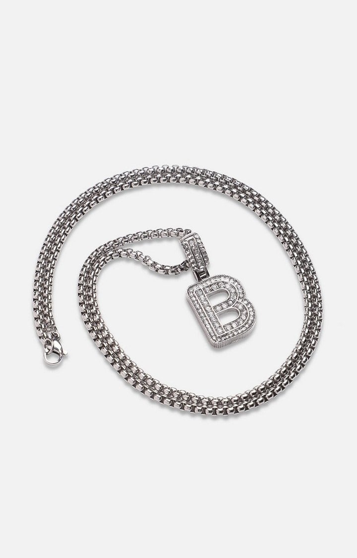 French Accent Men Silver-Plated Embellished B Alphabet Pendant With Chain