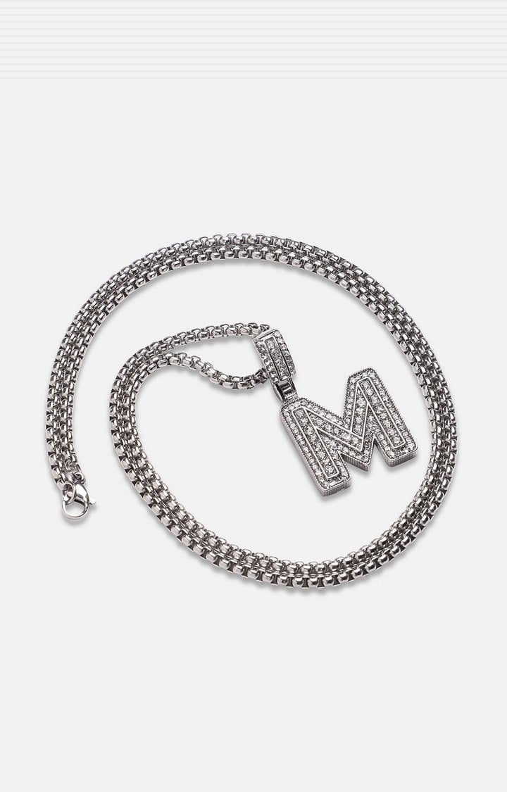 French Accent Men Silver-Plated Embellished M Alphabet Pendant With Chain