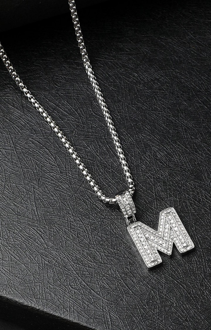 French Accent Men Silver-Plated Embellished M Alphabet Pendant With Chain