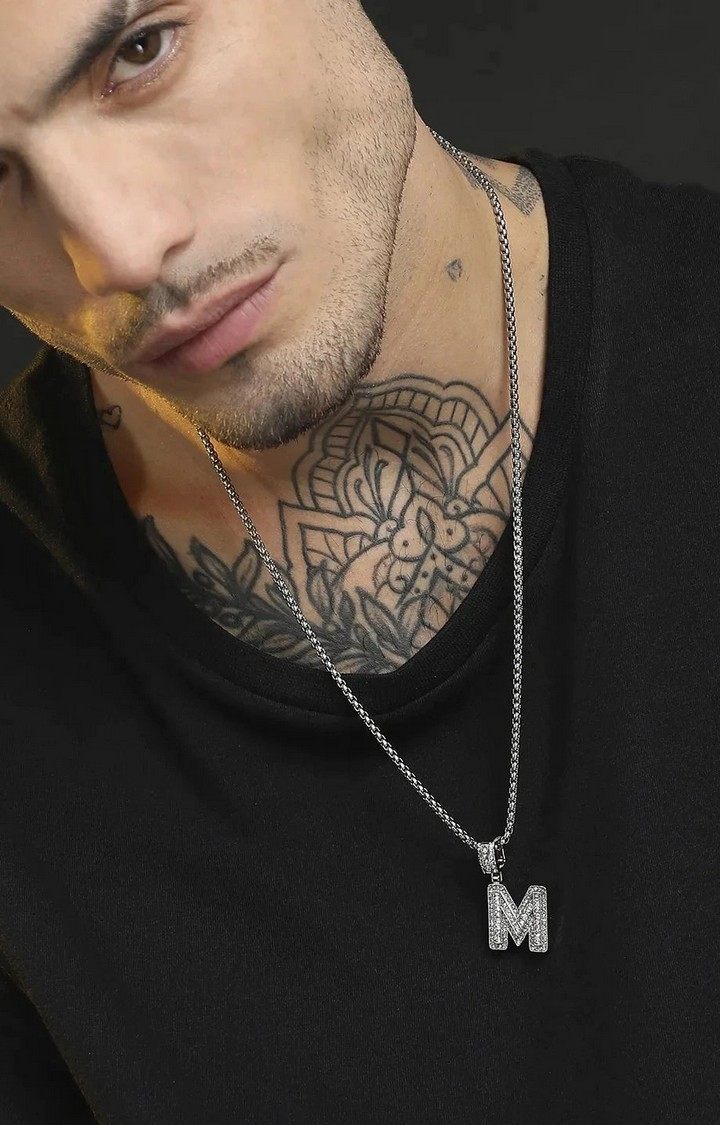 French Accent Men Silver-Plated Embellished M Alphabet Pendant With Chain
