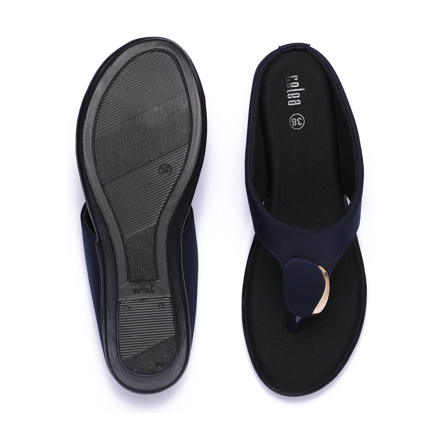 Women Navy Blue Wedge Thong Sandals with Gold Accent