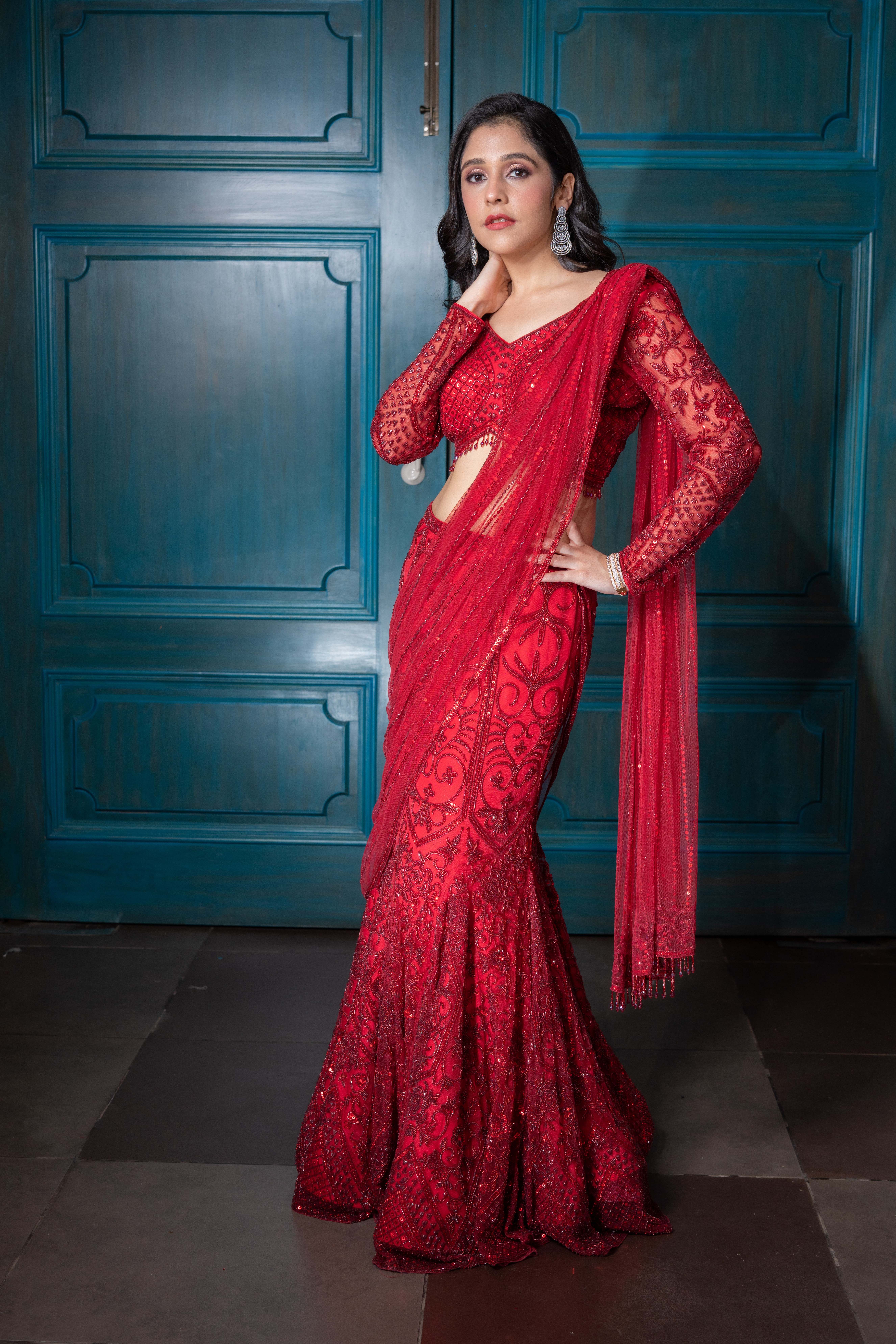 Deep Red Pre-Draped Saree