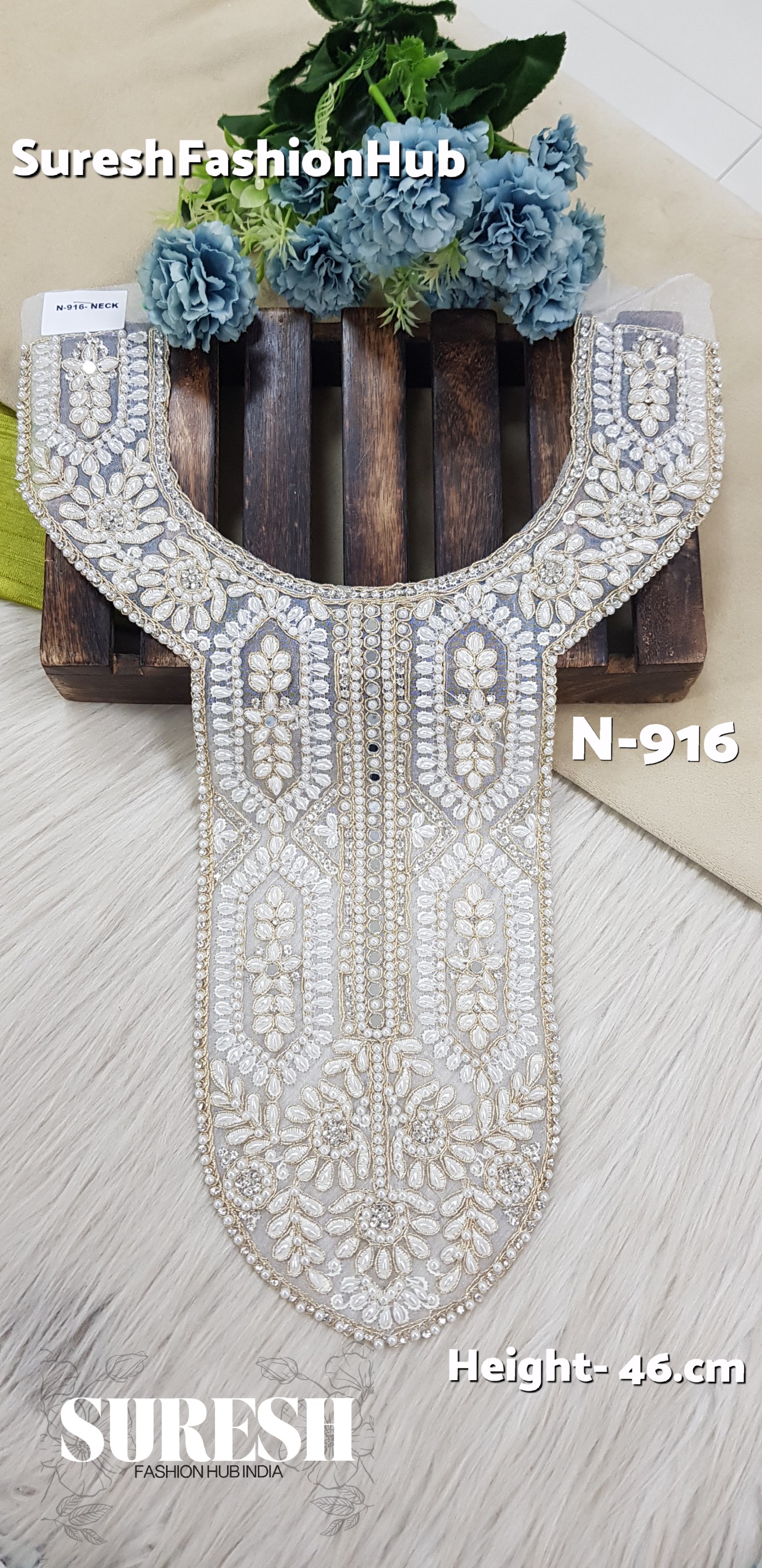 N-916 Off White Pearl Floral Organza Neck Design