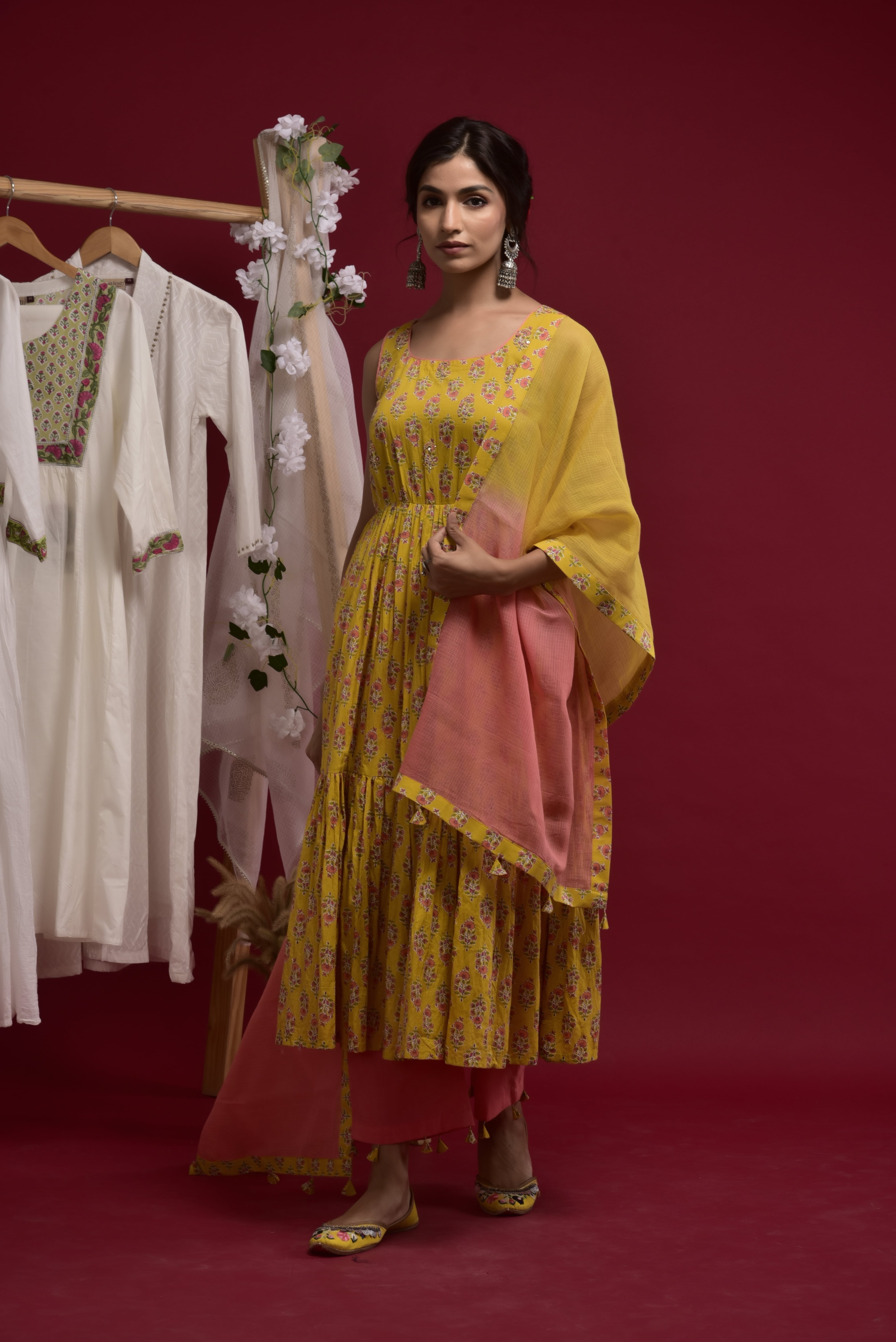 KAARAH BY KAAVYA | Yellow printed tiered kurta with highligthed yoke & pant and kota doria shaded dupatta with fabric tassels undefined