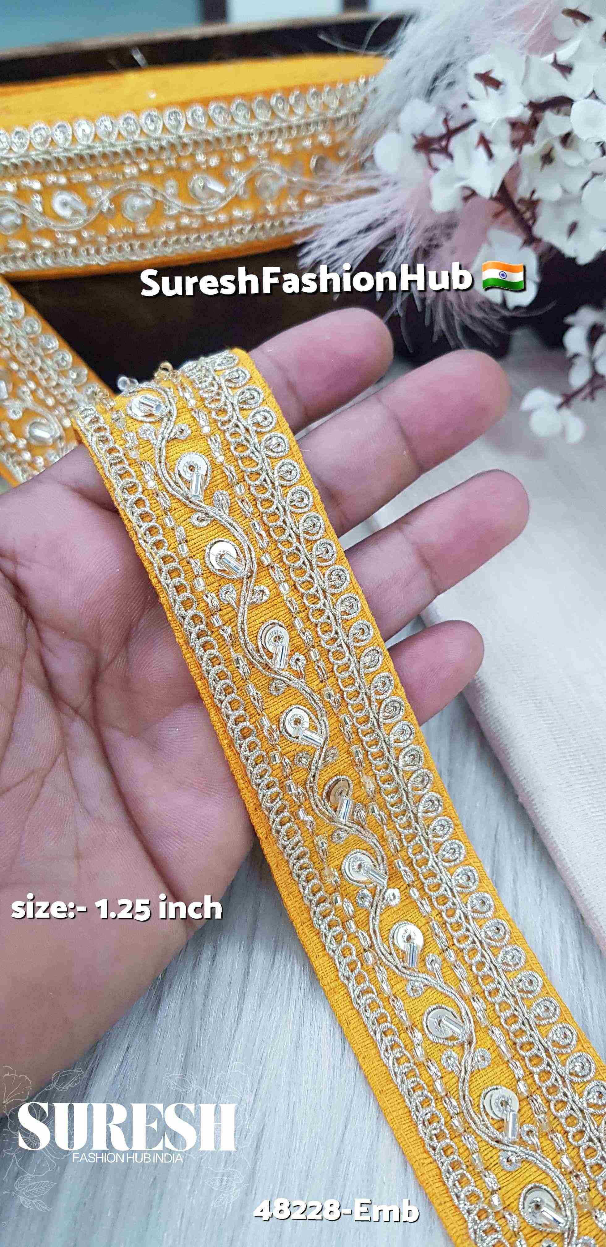 Graceful Floral Embroidered Border Yellow