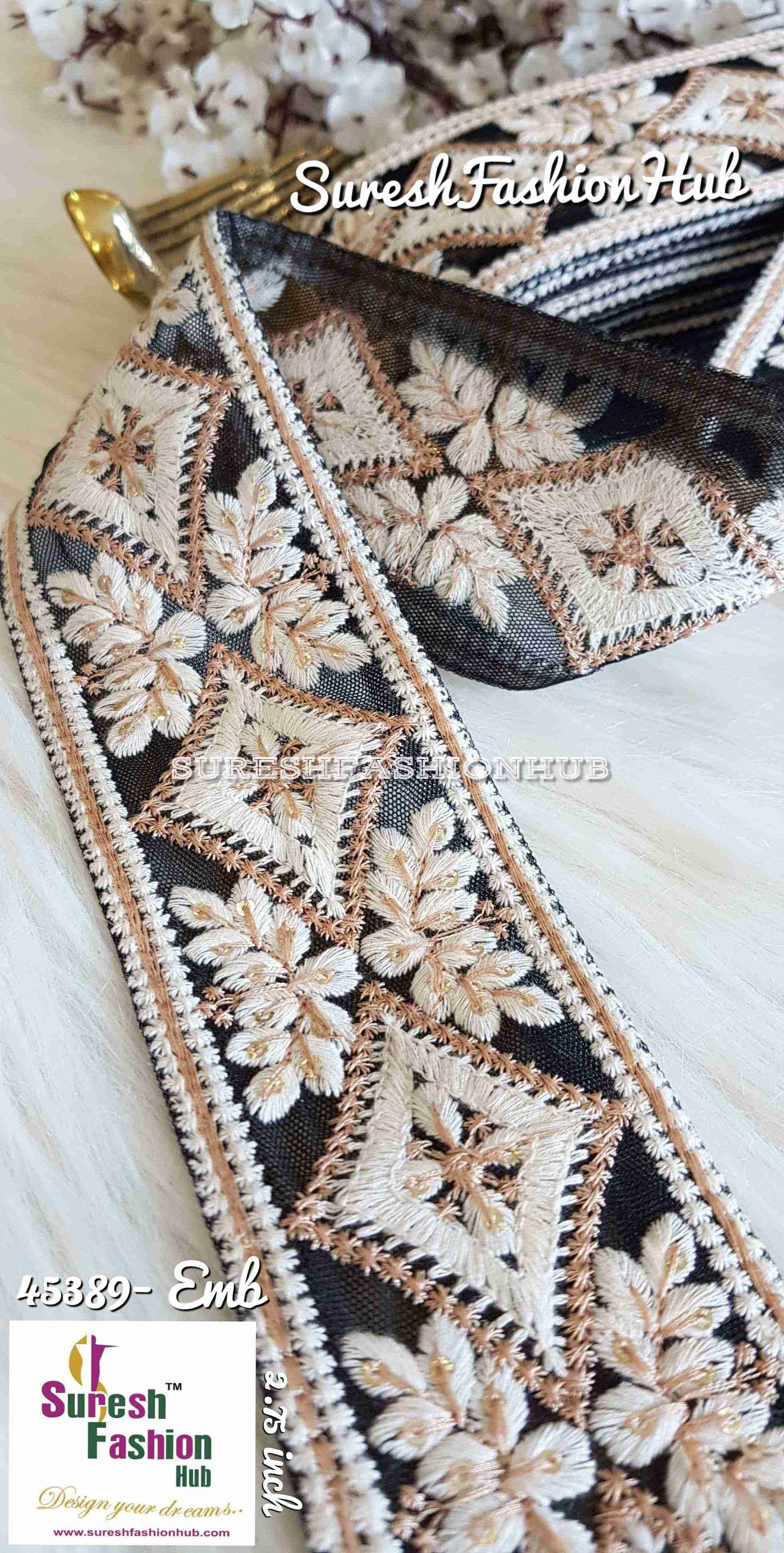 Black Obsidiam Floral Weave Embroidery Designer Trim