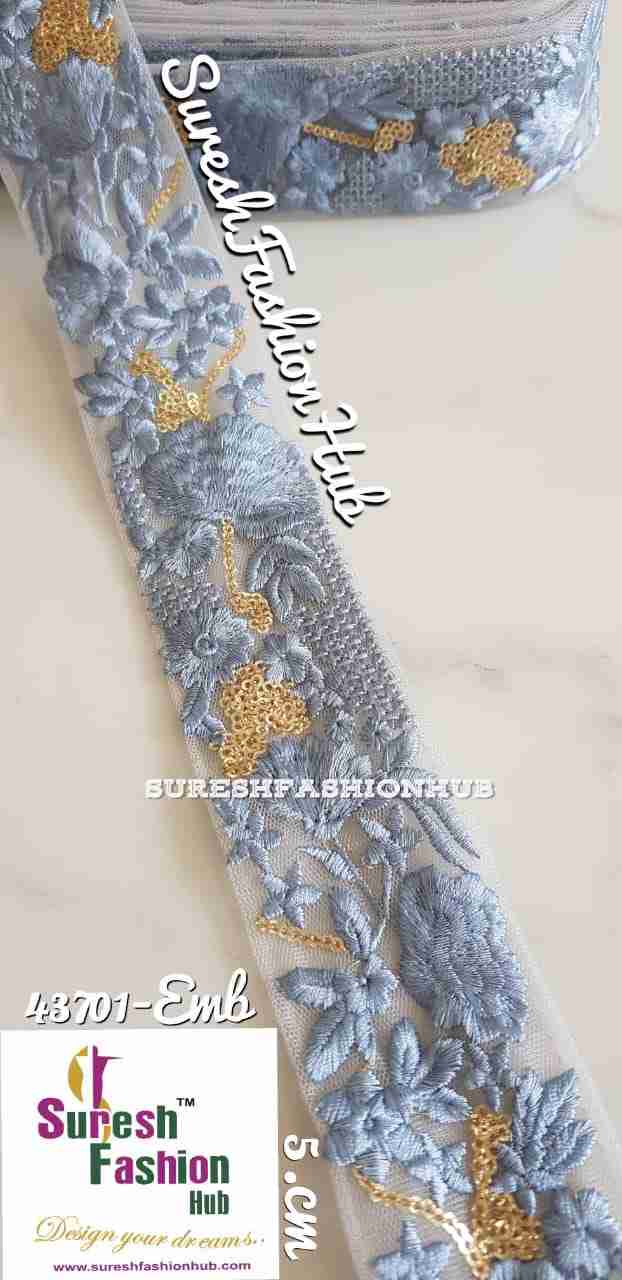 Golden Zari Threaded Petals On Grey  Net Embroidery Trim