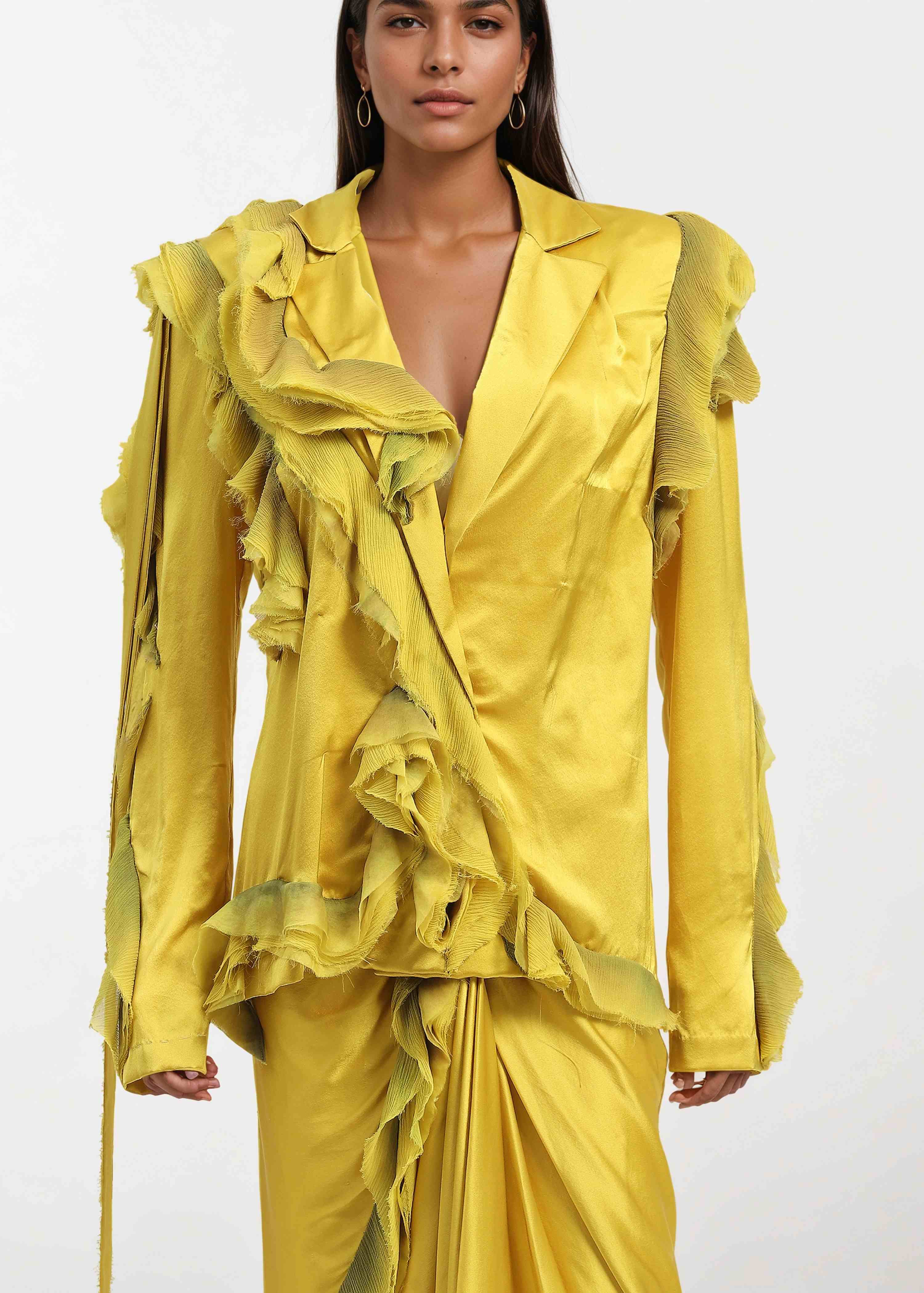 AKOK Yellow Silk Satin blazer with knotted ruffle skirt Co-ords