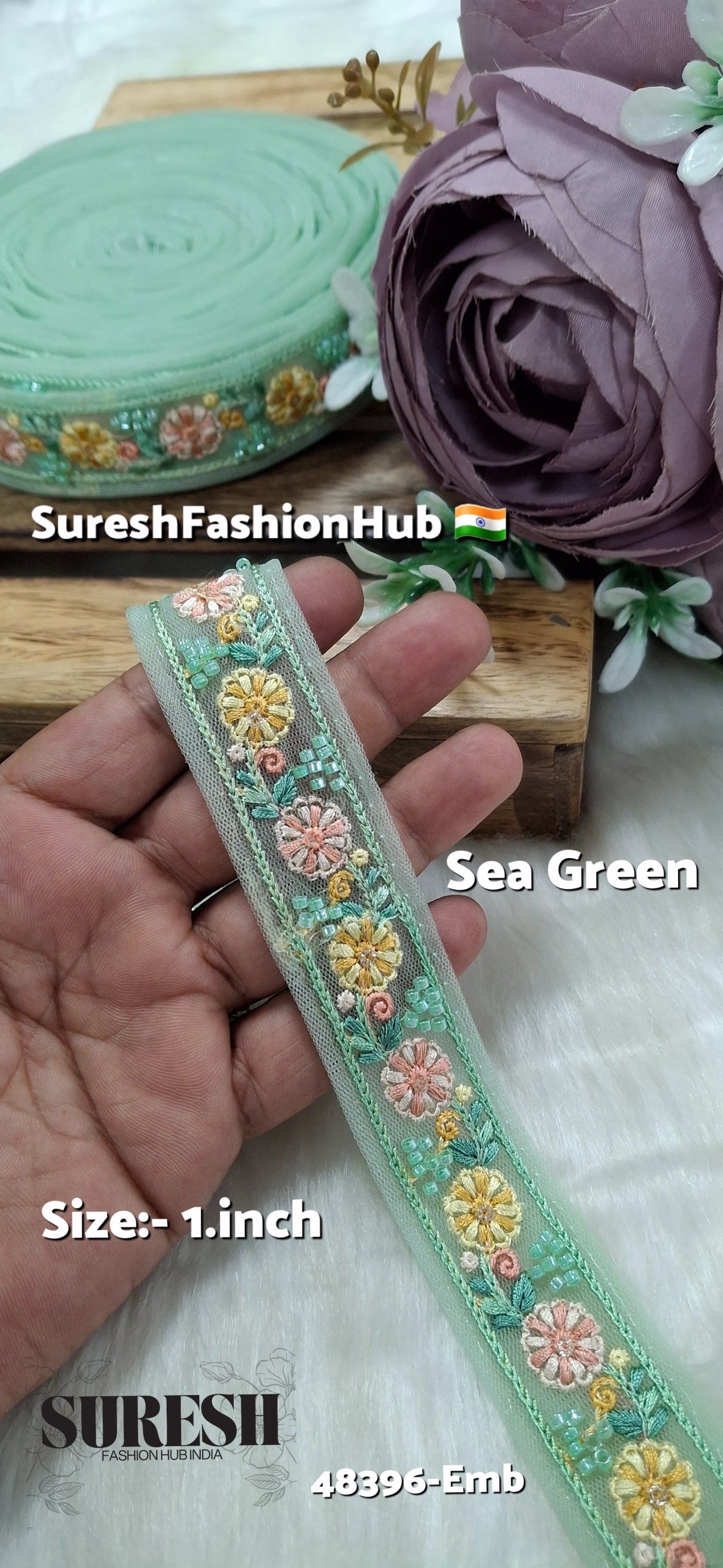Sea Green Multicolor Thread Bead Embroidery Lace