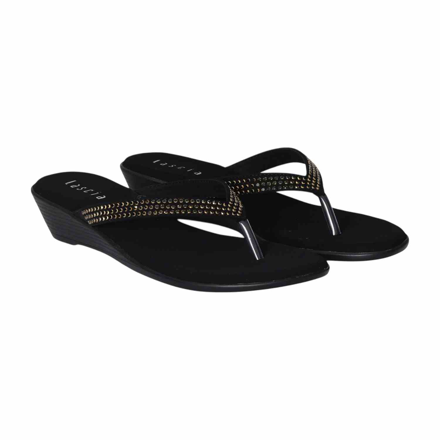Women Black Gleam Embellished Wedges