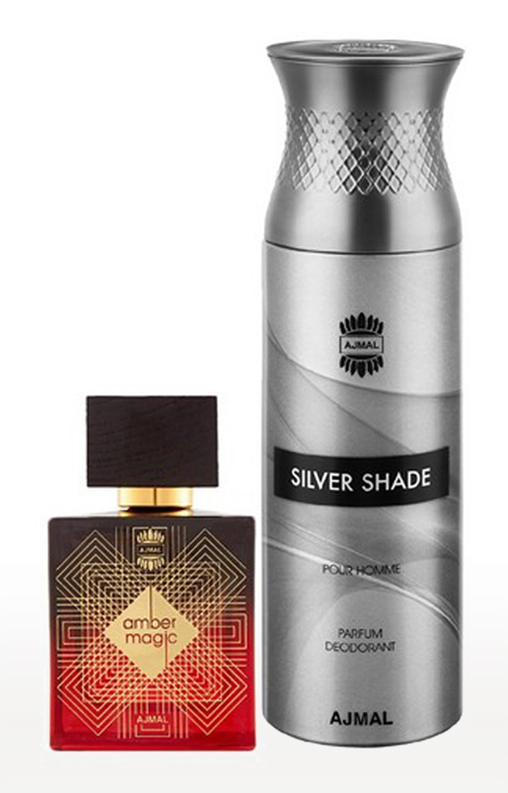 Ajmal Amber Magic EDP Perfume 100ml for Men and Silver Shade Homme Deodorant Fragrance 200ml for Men
