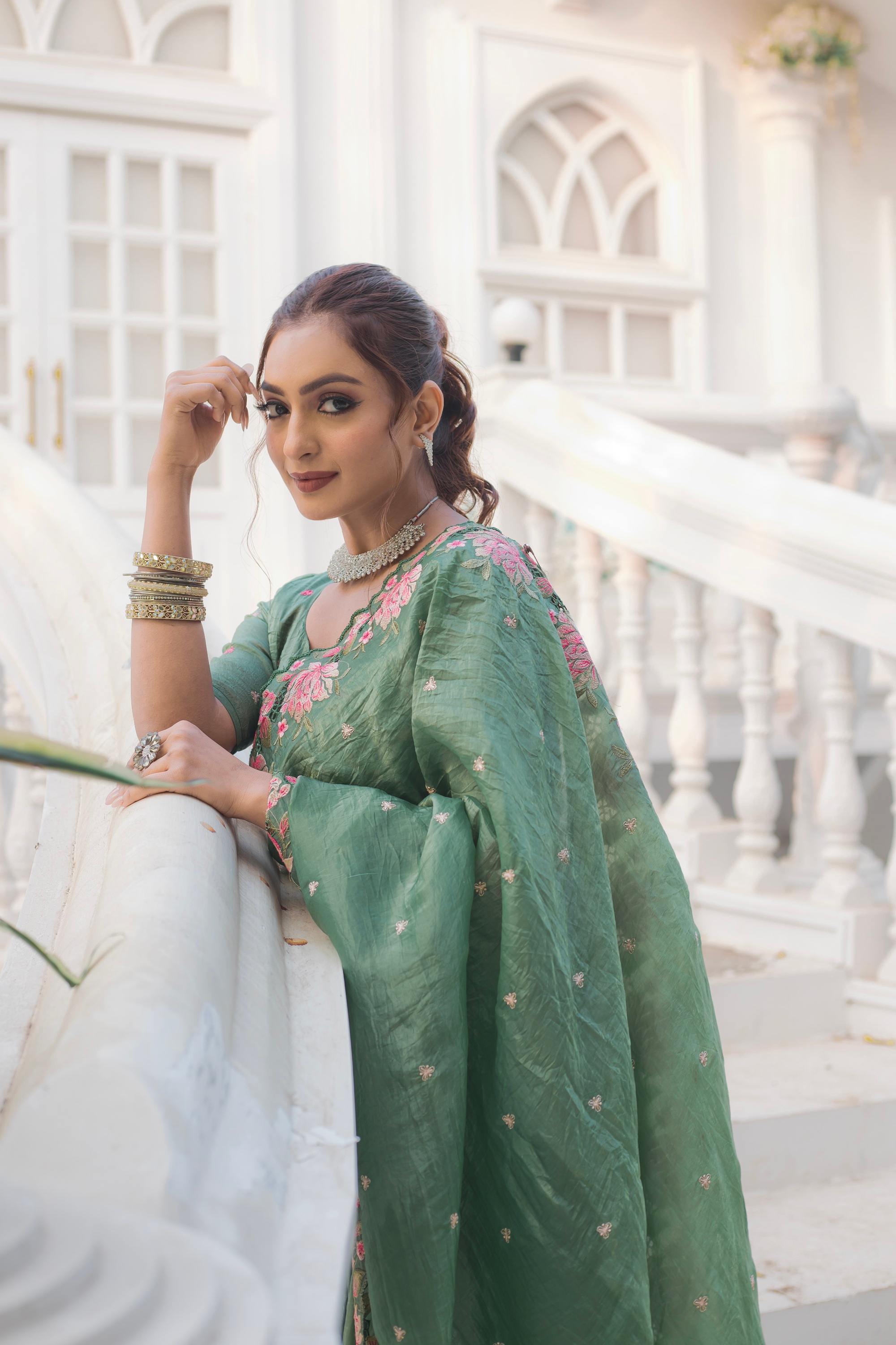 Tasarika Women Green Organza Saree