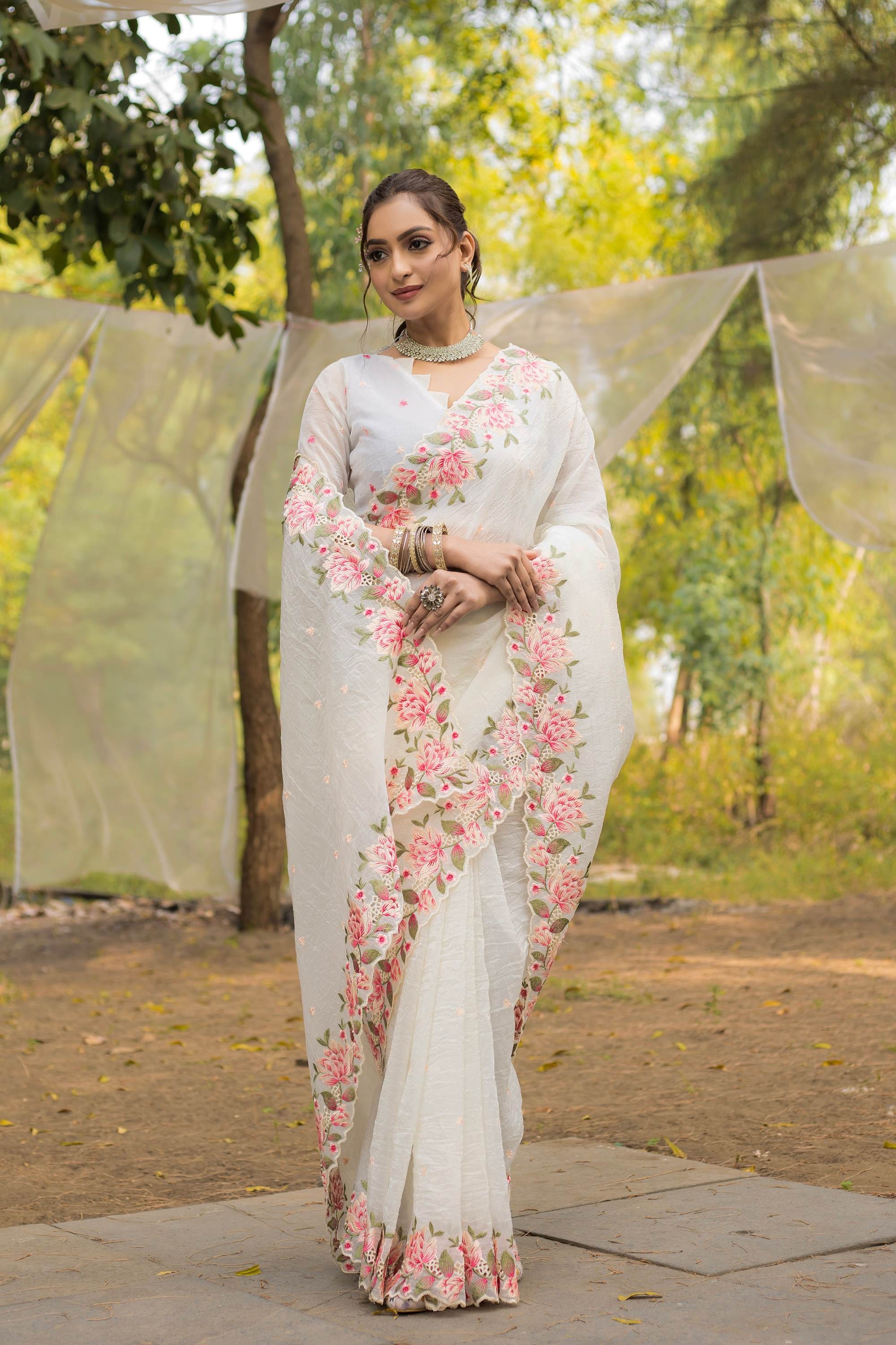 Tasarika Women White Organza Saree
