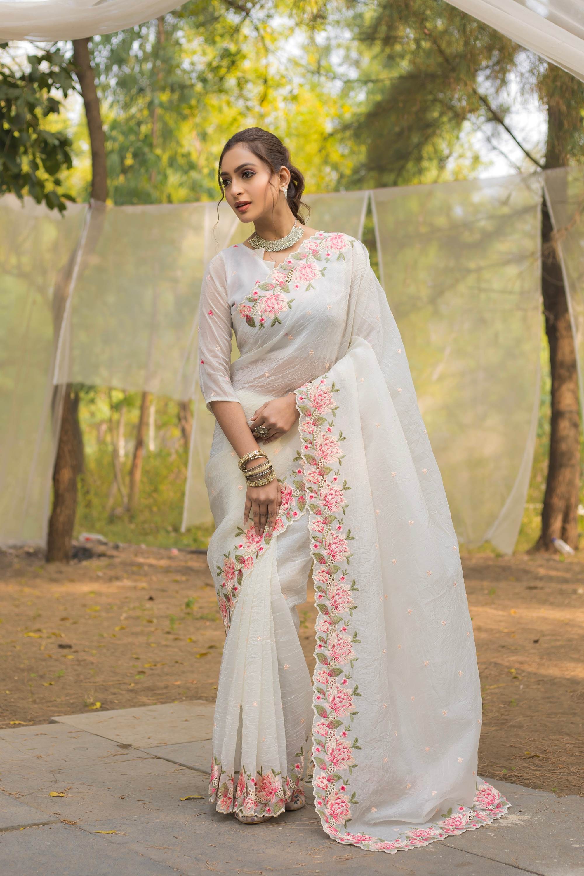 Tasarika Women White Organza Saree