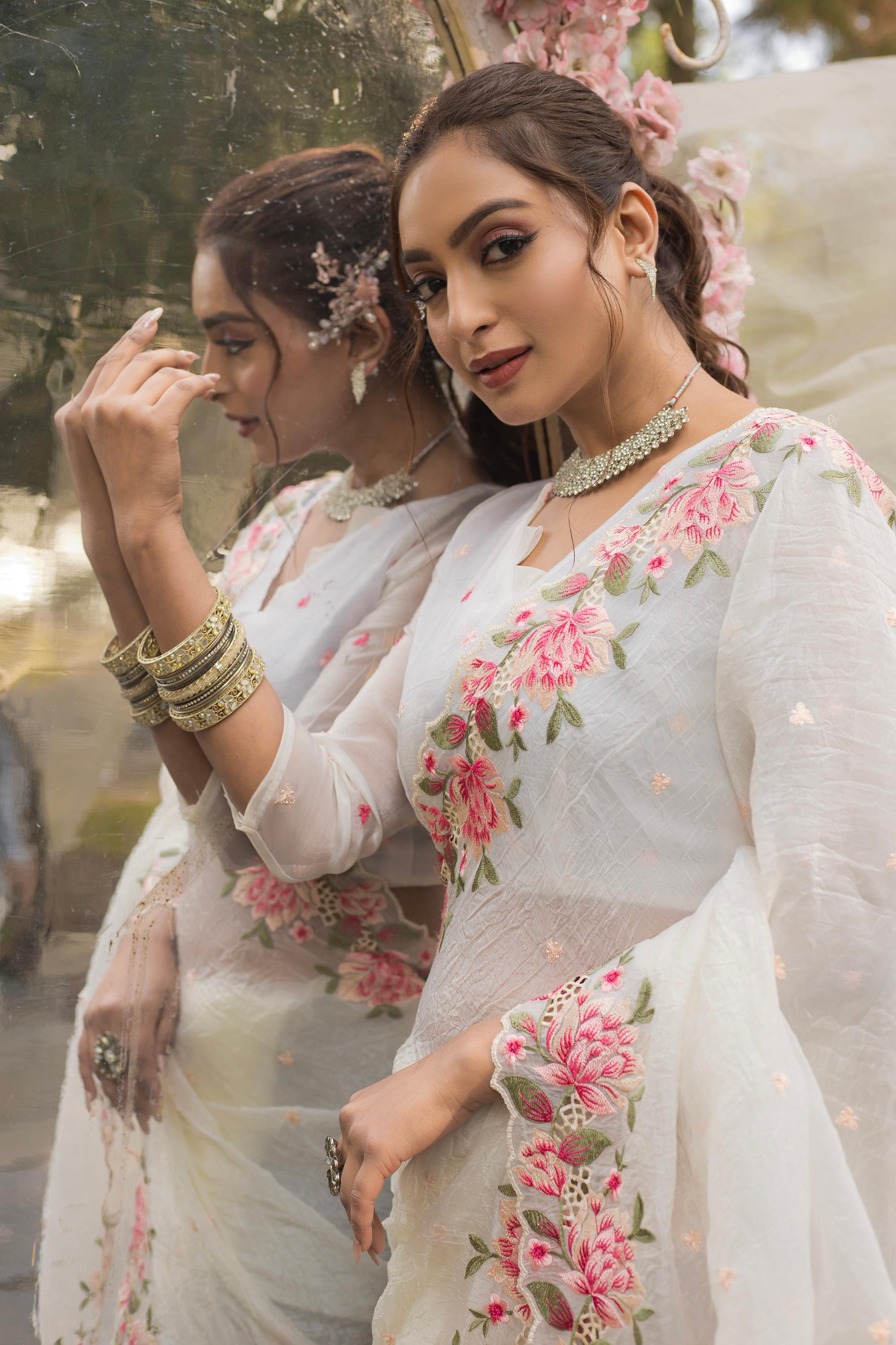 Tasarika Women White Organza Saree