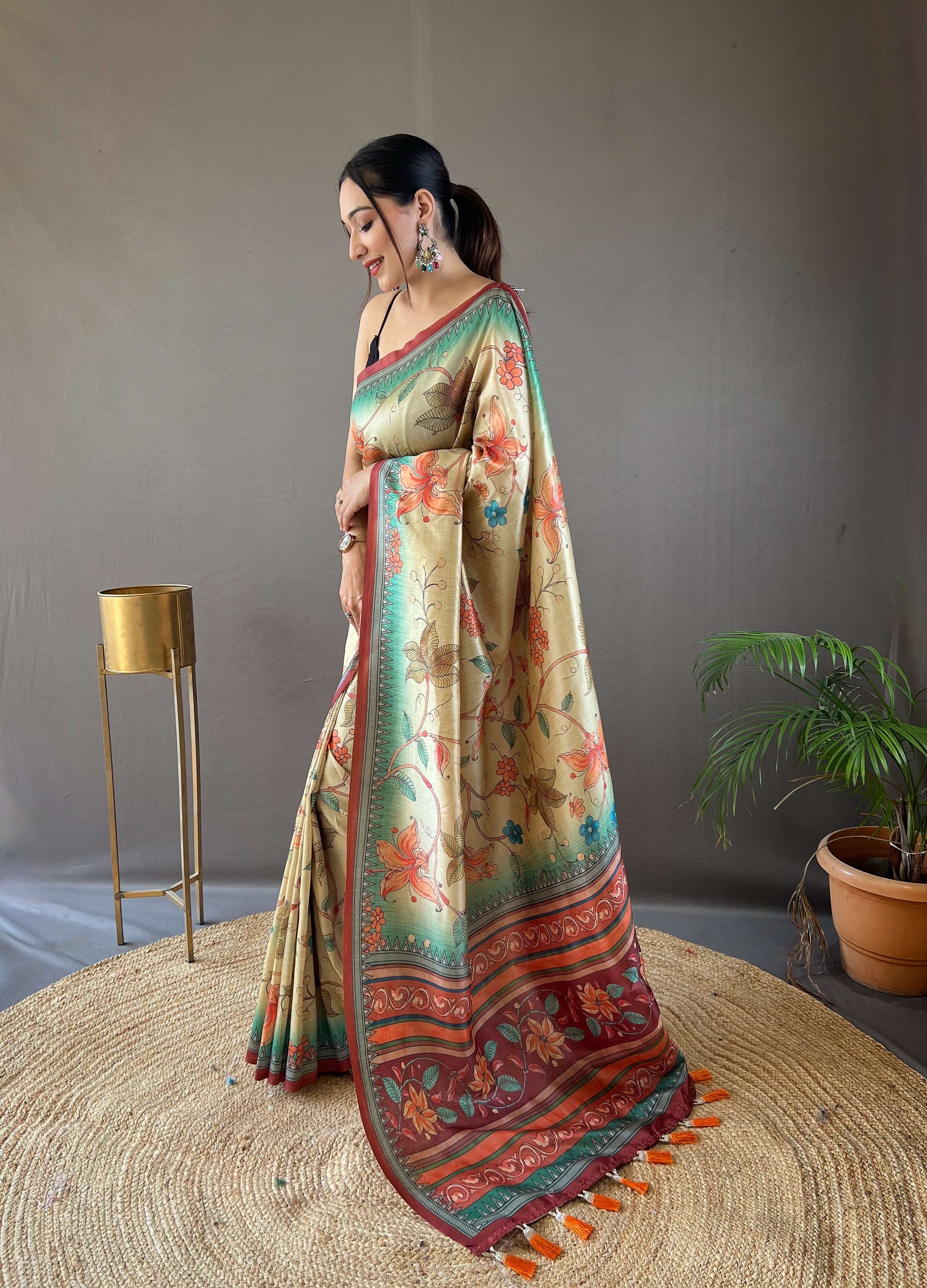 Women's Anjani Maroon Semi Silk Kalamkari Saree