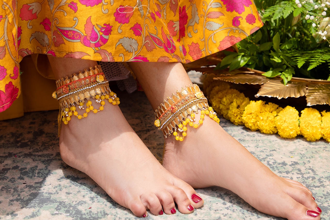 Floral art | Yellow Gotta patti anklet with pearls undefined