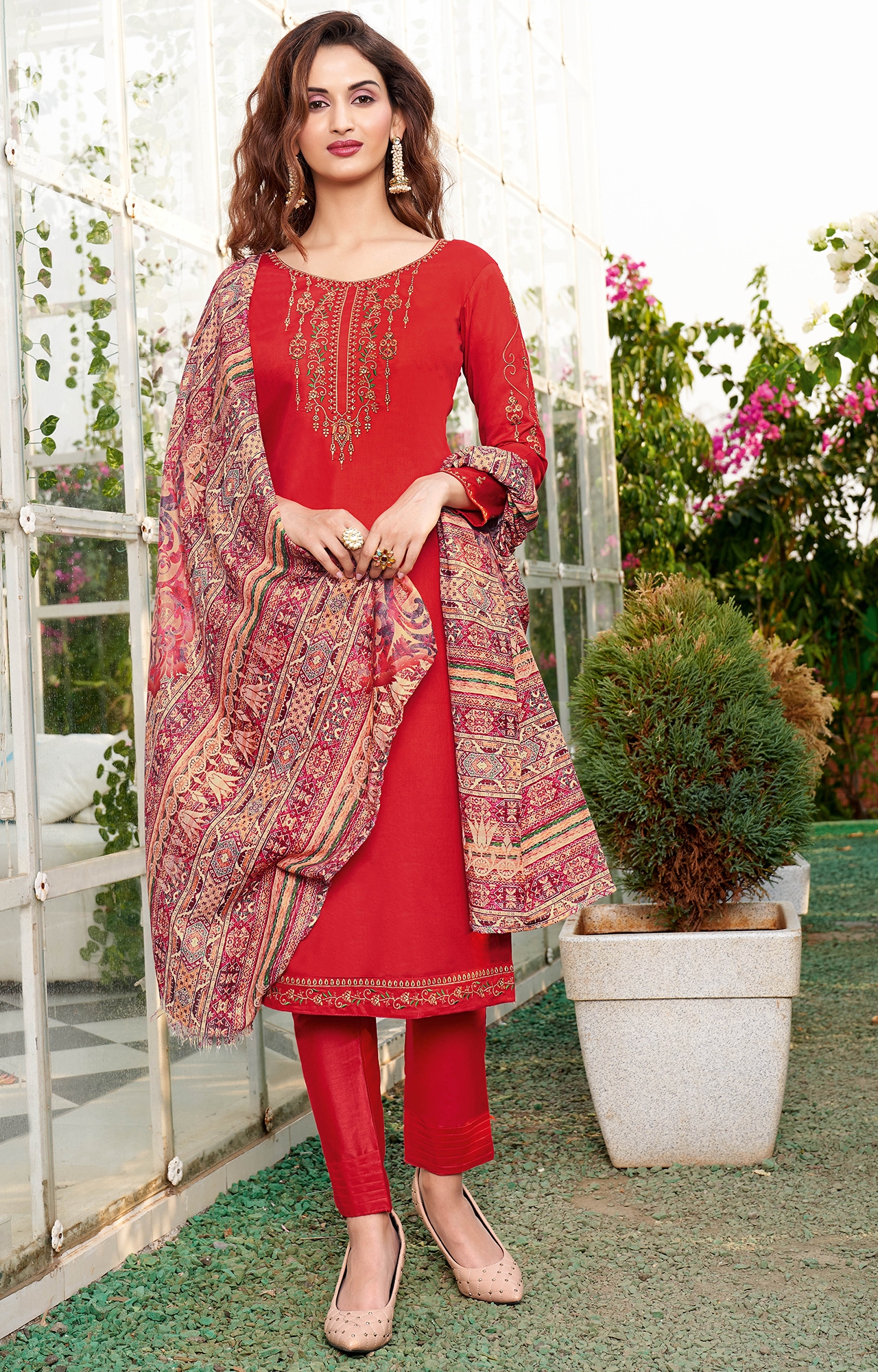 Red Color Jam Cotton lace & Embroidery Unstitched Dress Material-FL_PANIHARI2016_DM