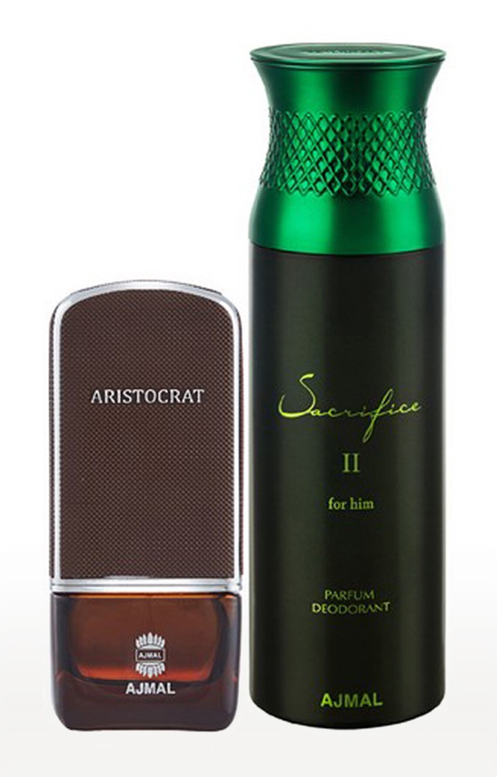 Ajmal Aristocrat EDP Perfume 75ml for Men and Sacrifice II for Him Deodorant Fruity Fragrance 200ml for Men