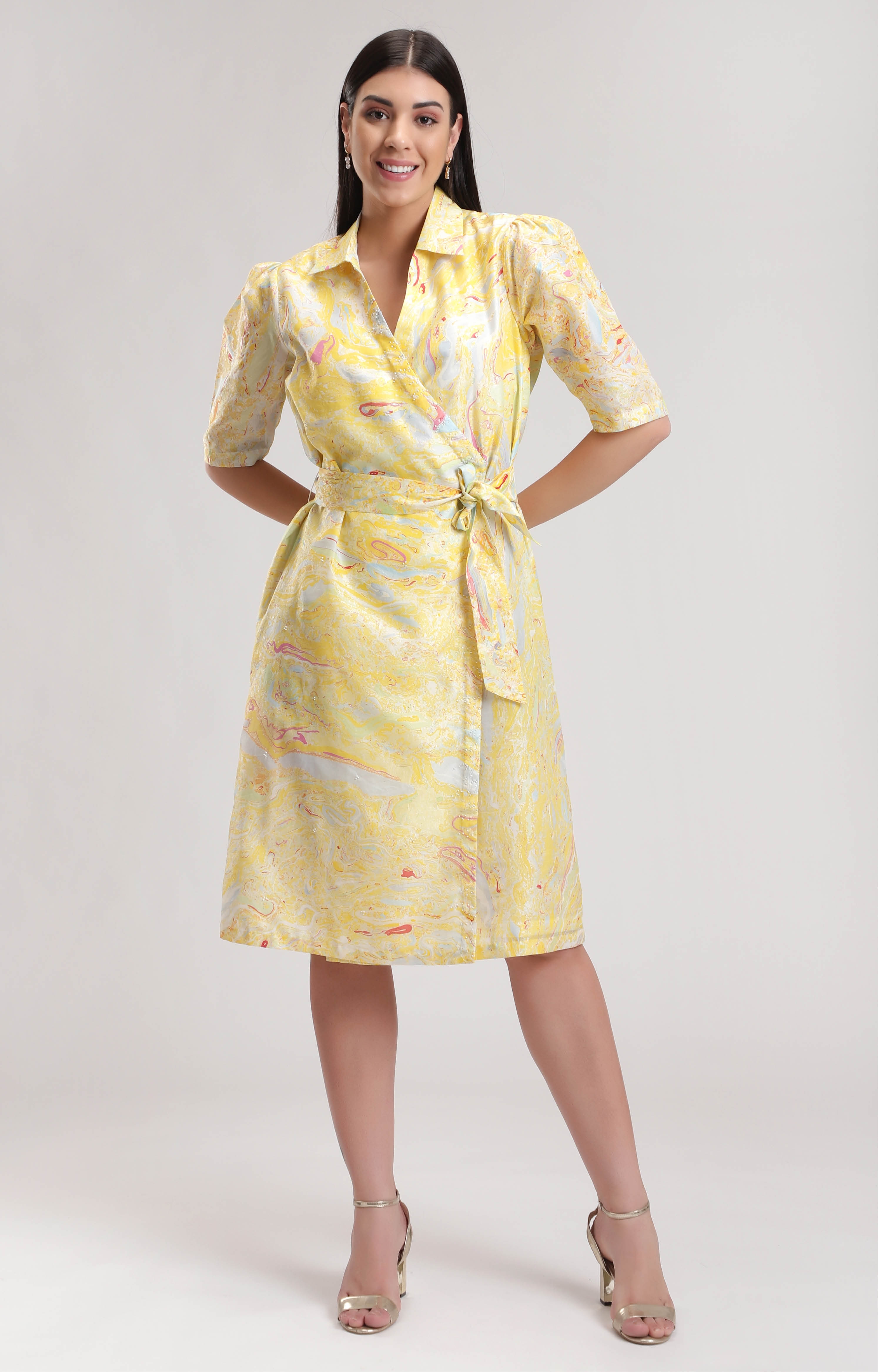 Yellow Puff Sleeve Signature Marble Summer Shirt Dress