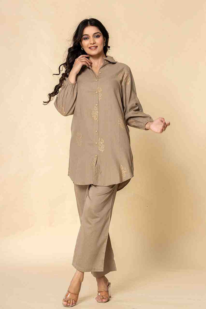 Naksh Grey Cotton Satin Co-ordinated Set With Gold Print (Set of 2)