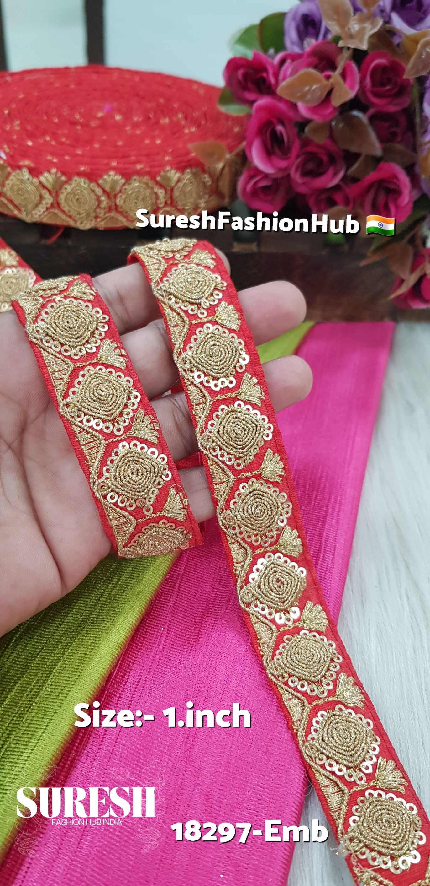 Red Sequin, Thread & Dori Embroidery Lace – 18297-Emb
