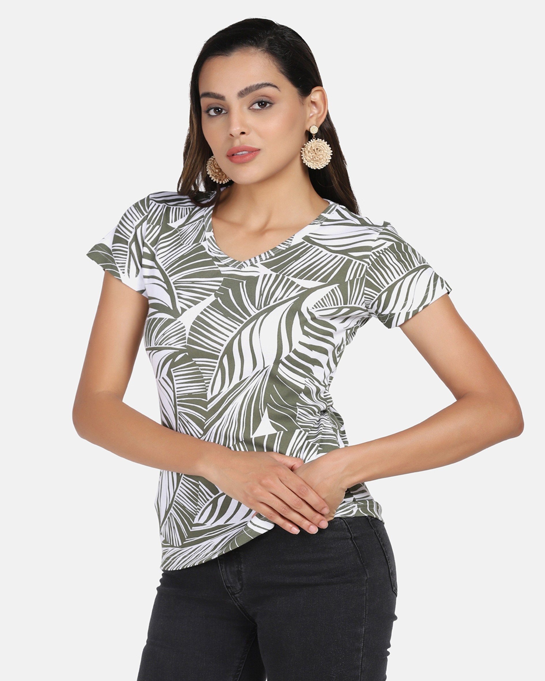 Olive Leaf Printed V Neck T Shirt 