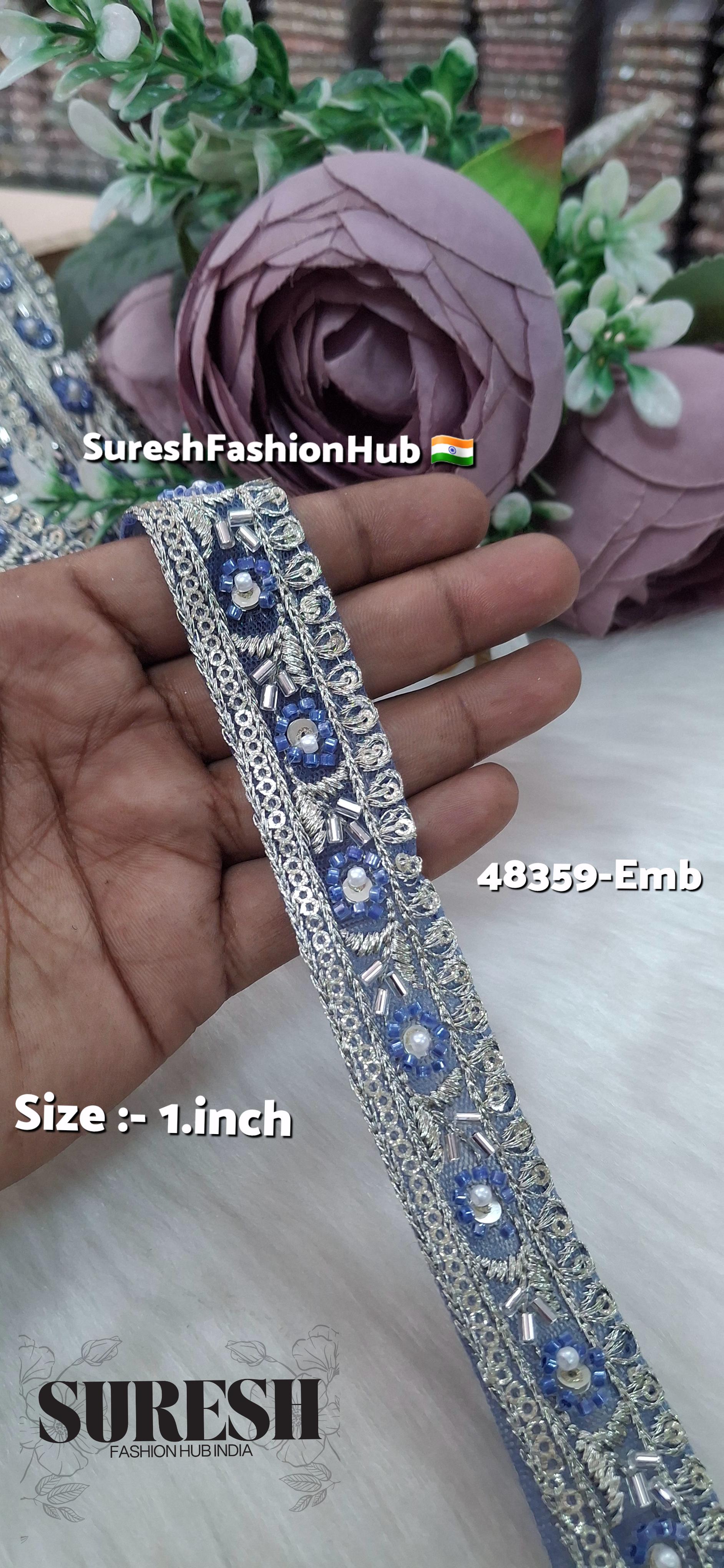 Blue Beaded Floral Charm Net Embroidered Lace