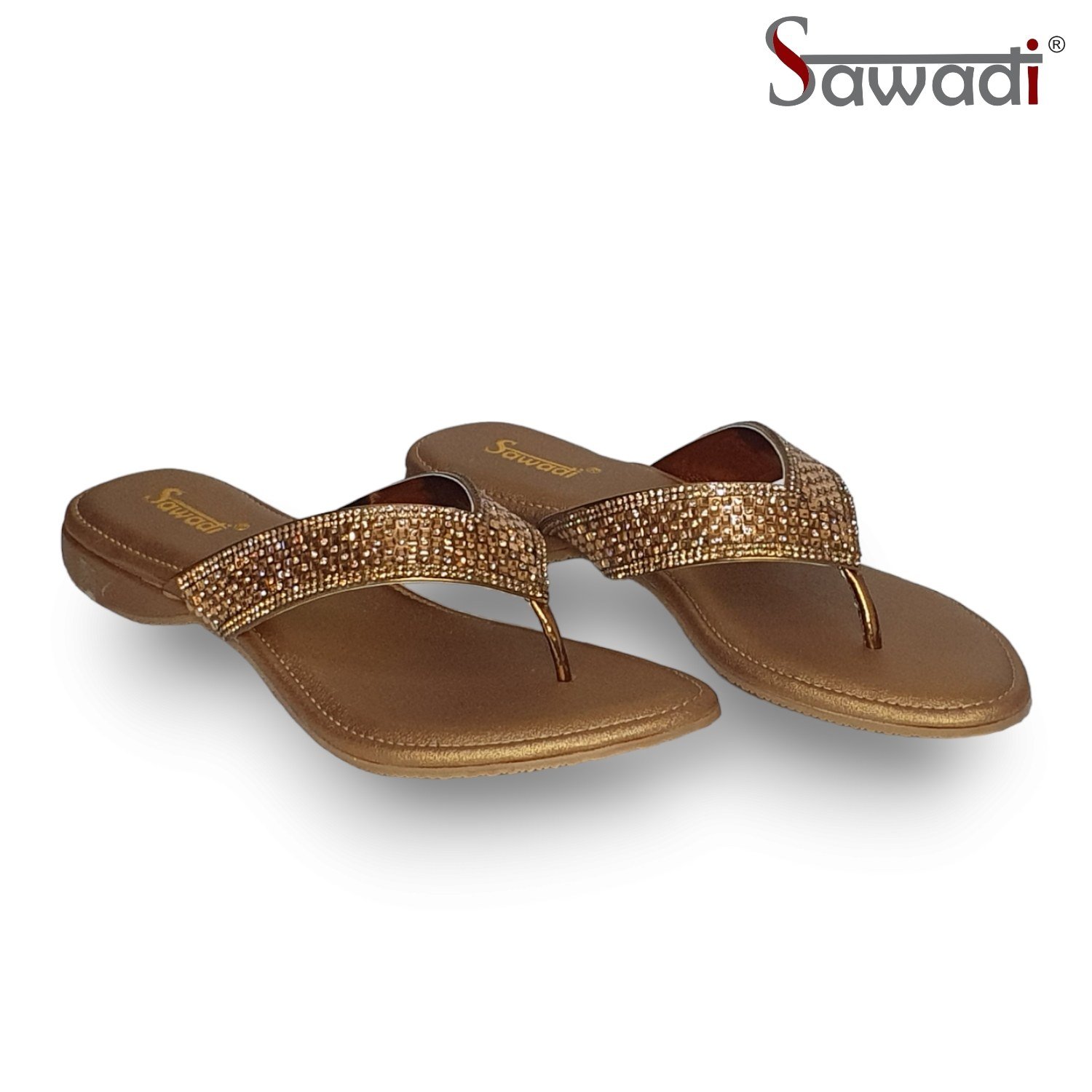Antique Gold Embellished Slip-On Sandals for Women | Elegant Party Flats | Sawadimart