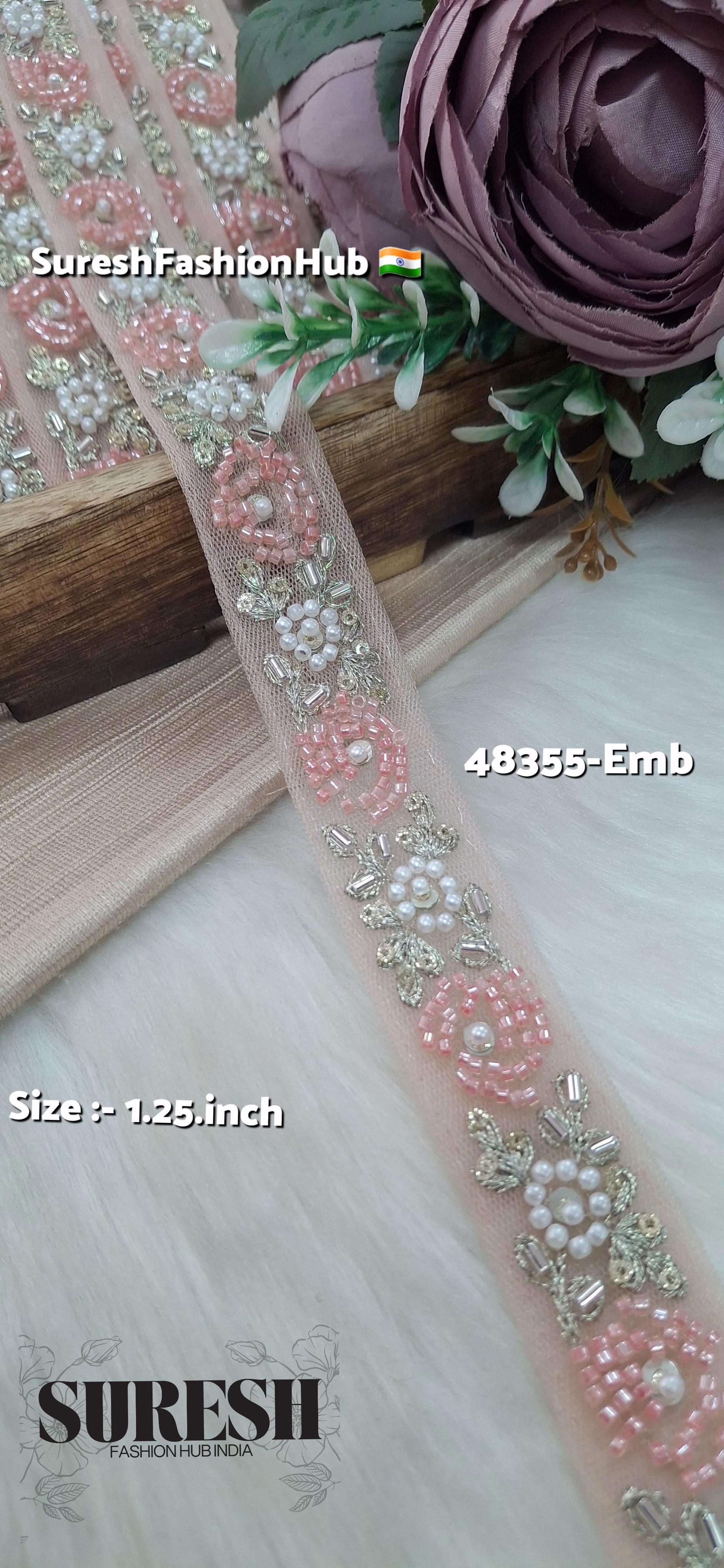 Dark Peach Beaded Bloom Net Embroidered Lace