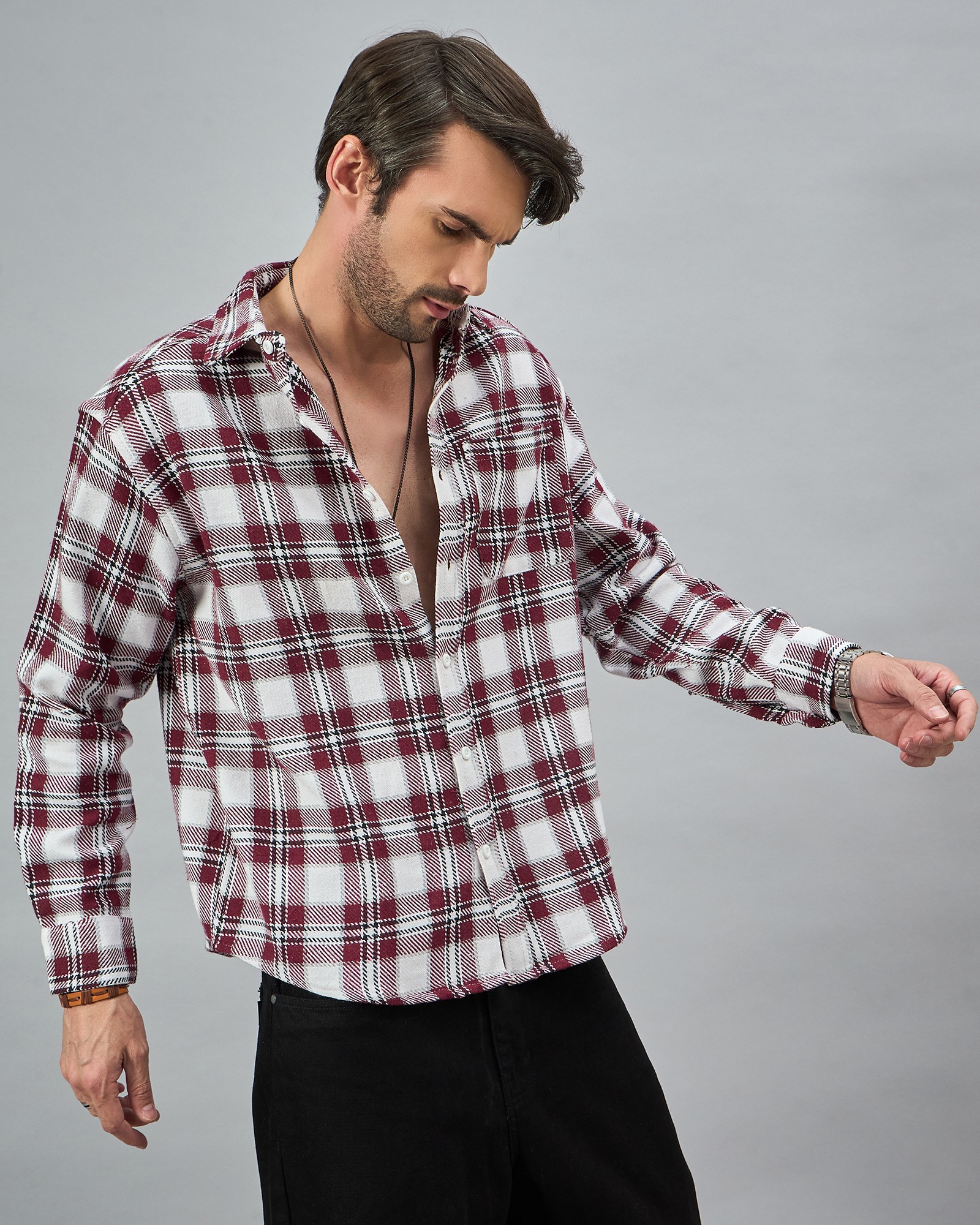 Chimpaaanzee Men Maroon & White Oversized Fit Shirt