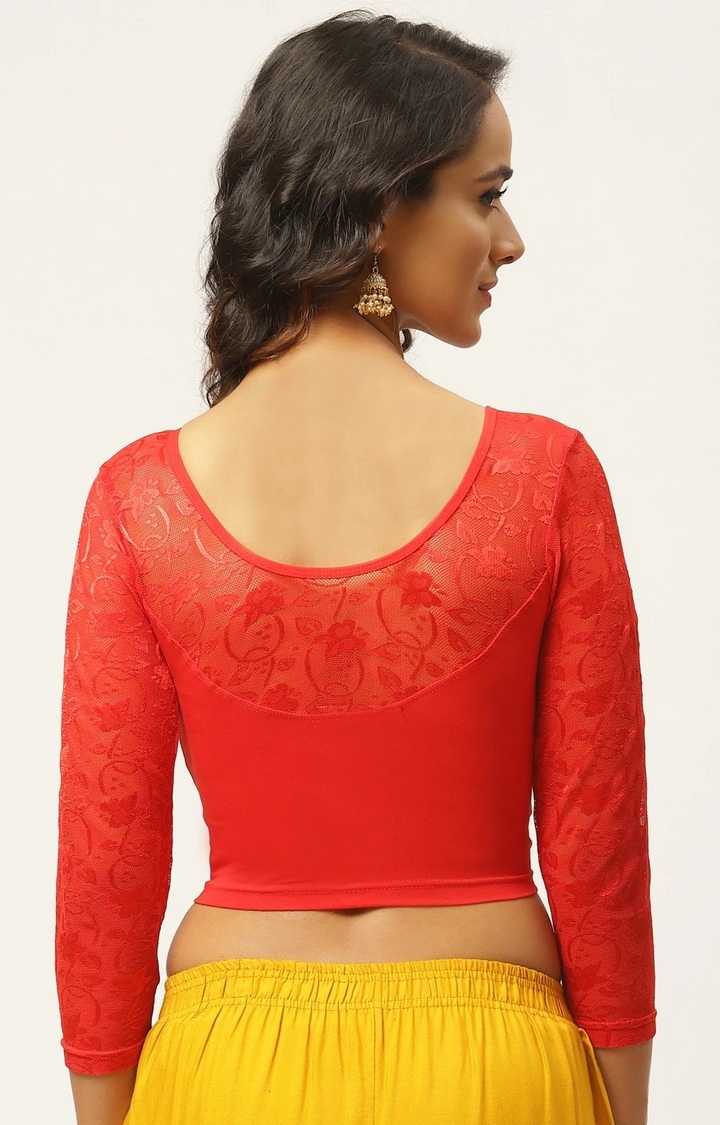 Vastranand | VASTRANAND Women Red Cotton Solid Stretchable Saree Blouse with Lace Detail 2