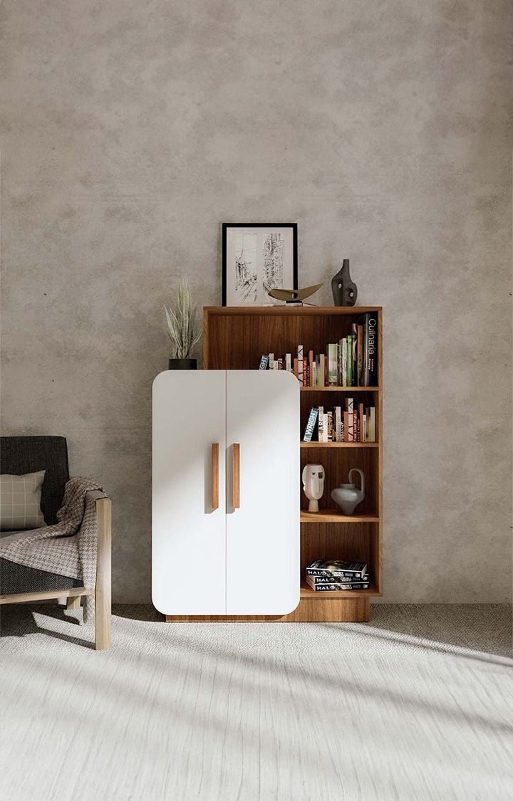 NEUDOT Haven Engineered Wood Semi-Open Bookshelf for Living Room | Open 4 Shelves Bookcase with 2 Door Cabinet Storage for Home & Office/ 1 Year Warranty (Finish Color - Leon Teak, Knock Down)