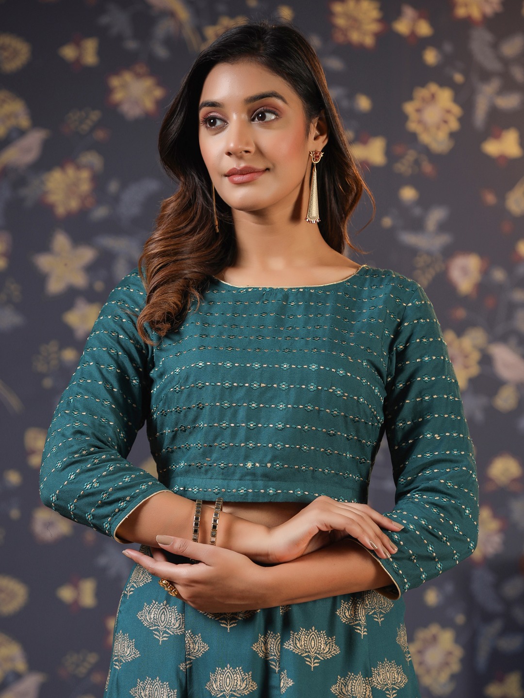 Floral Embroidered Jashn Regular Thread Work Top with Skirt
