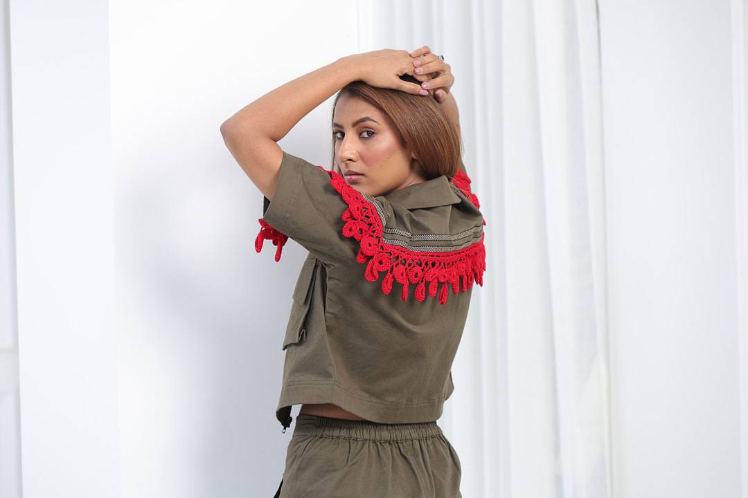 Olive green crochet jacket set
