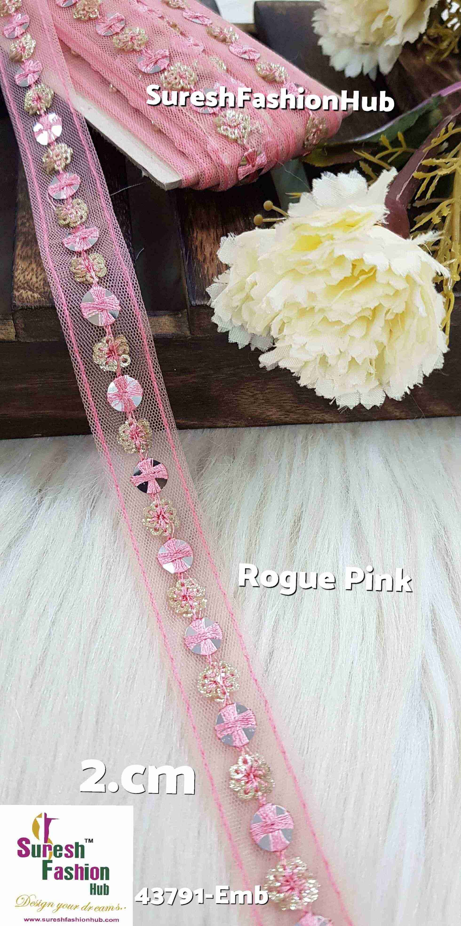 Rouge Pink  Embellished Floral Lace Trim
