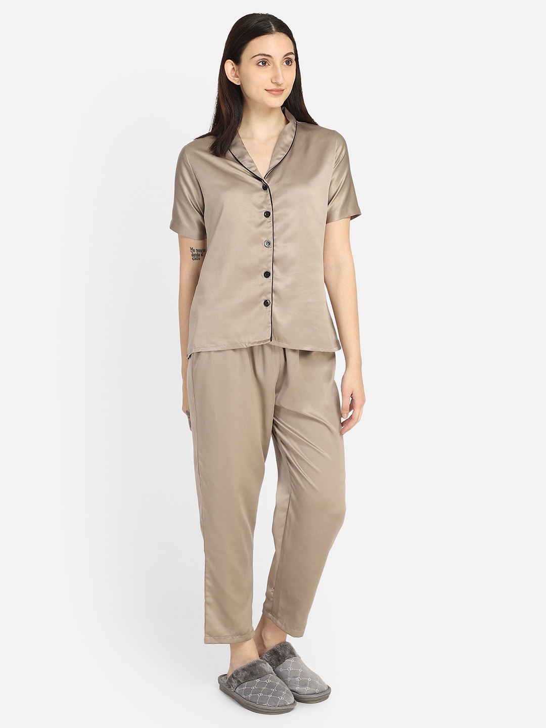 Smarty Pants women's silk satin chocolate brown color shawl collar night suit.