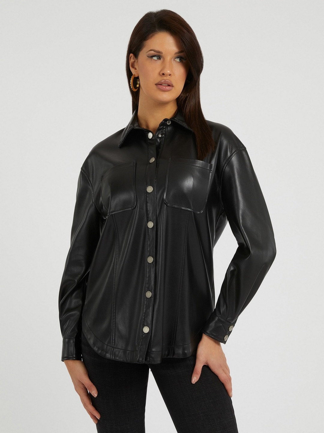 Black Solid Spread Collar Full Sleeves Leather Jacket
