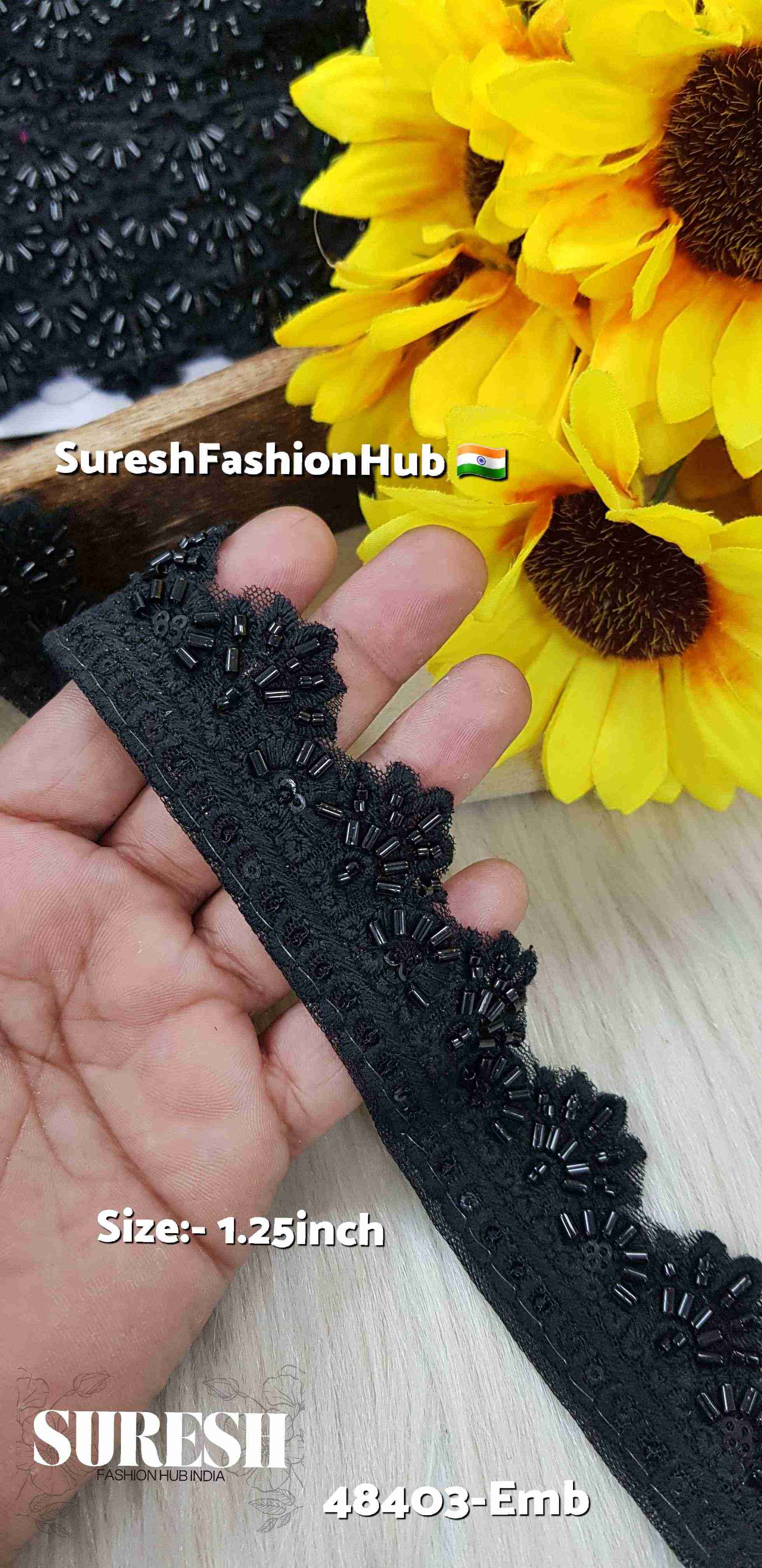 Black One-Side Scalloped Floral Lace